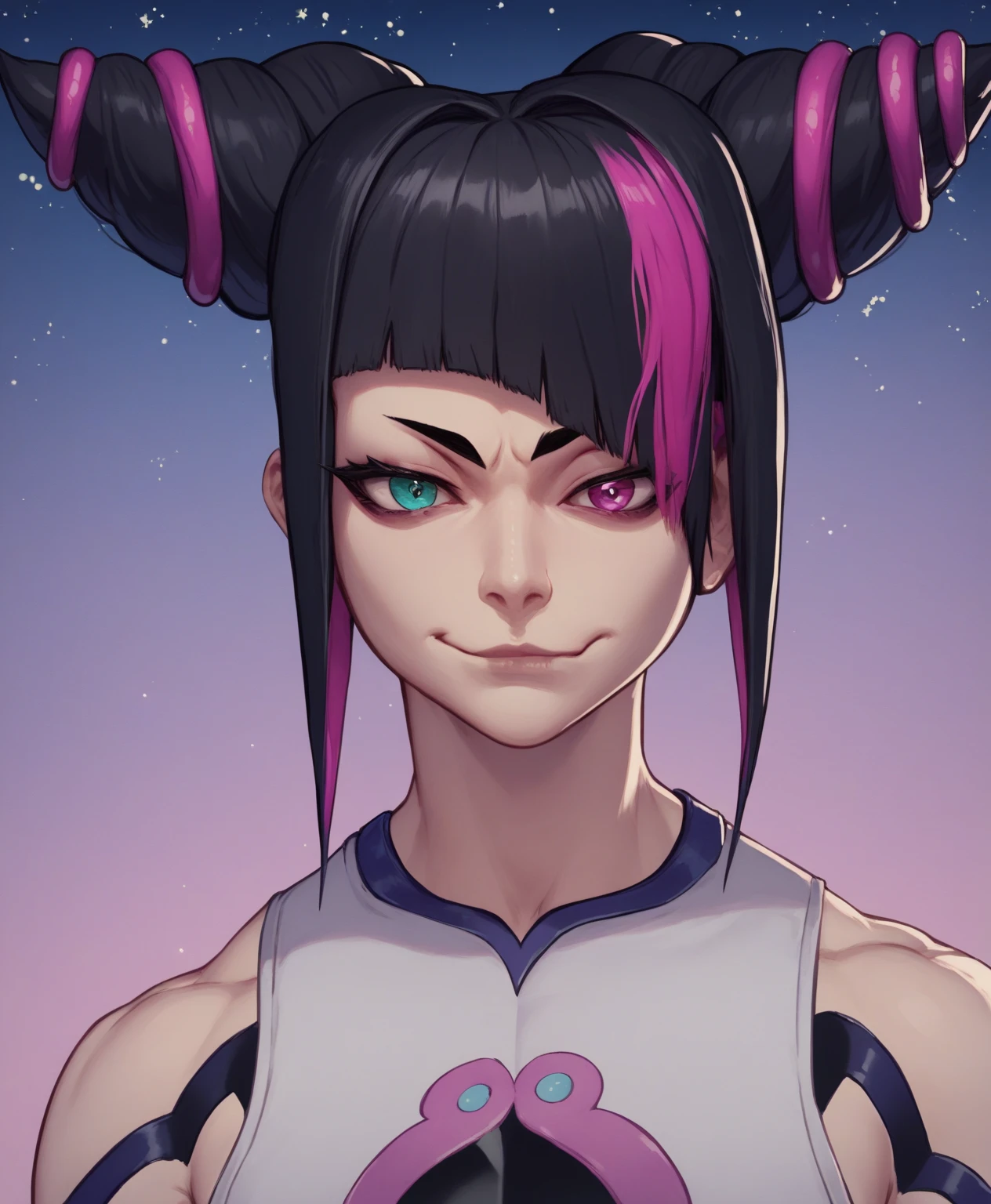 ((juriSDXLSF6)), ((juri han)), ((masterpiece)), ((face portrait)), ((cartoon style)), {(toned figure), (heterochromia), (thin eyebrows), (long eyelashes), (black hair with pink accents), (two toned hair), (smug smirk)}, {(black body paint on torso)} {(looking at viewer)}, ((night city)), ((skyscrapers)), ((nighttime)), ((starry sky))