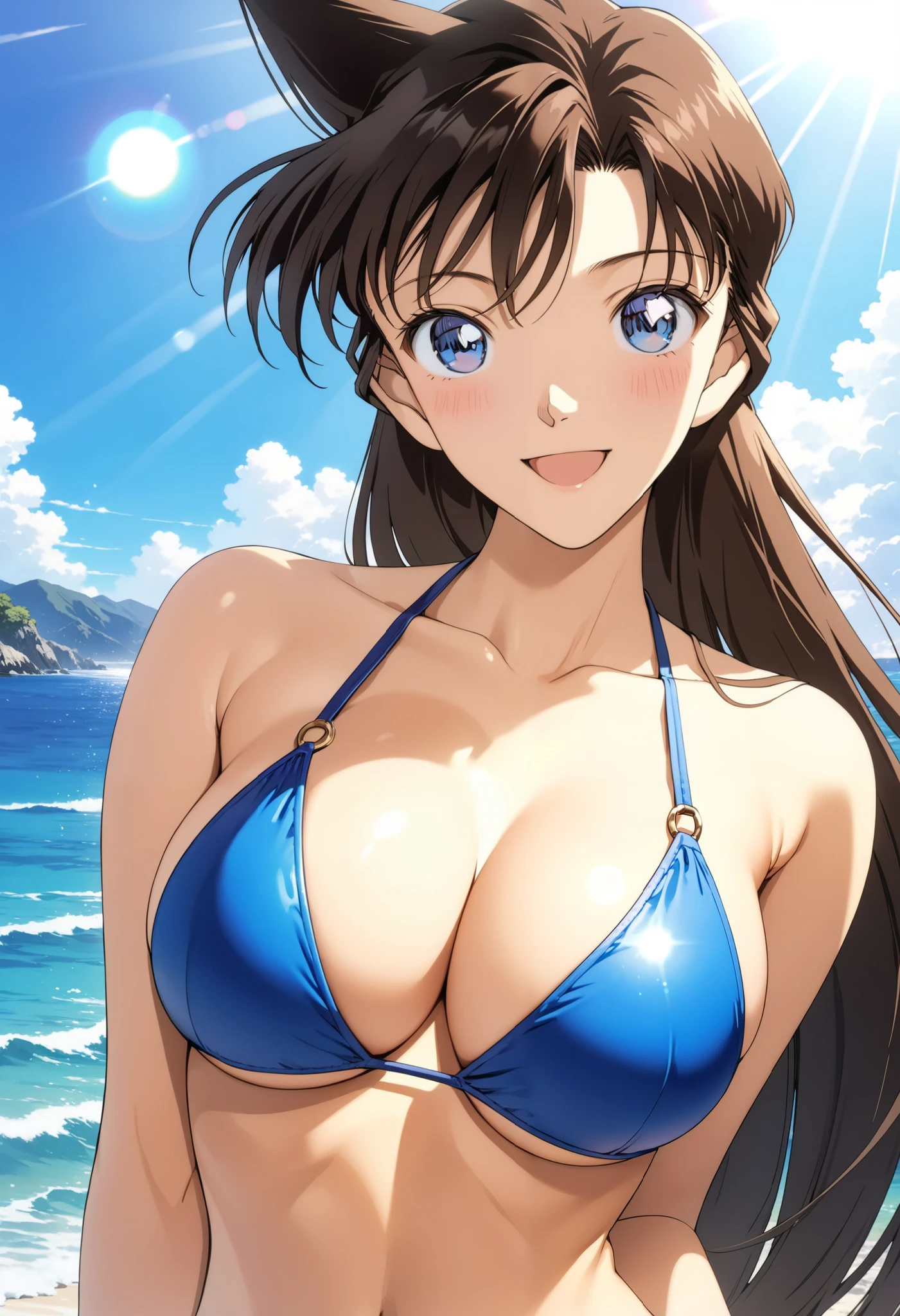 masterpiece, Best Quality, High resolution,16k,official art,super detailed skin,detailed,animated painting,Anime-style painting style, 1990s \(style\),(F cup beautiful breasts)、clevage,underboob,25years old, (tall:1.2),height: 175cm,Fashion model body type, mouri ran, 1girl, solo, smile, brown hair, blue eyes, long hair, open mouth, breasts,medium breasts, lens flare,sexy blue bikini swimwear, (mouri ran),sexy,blush,shy, looking at viewer,sea, outdoors, sunlight,superfine,closeup