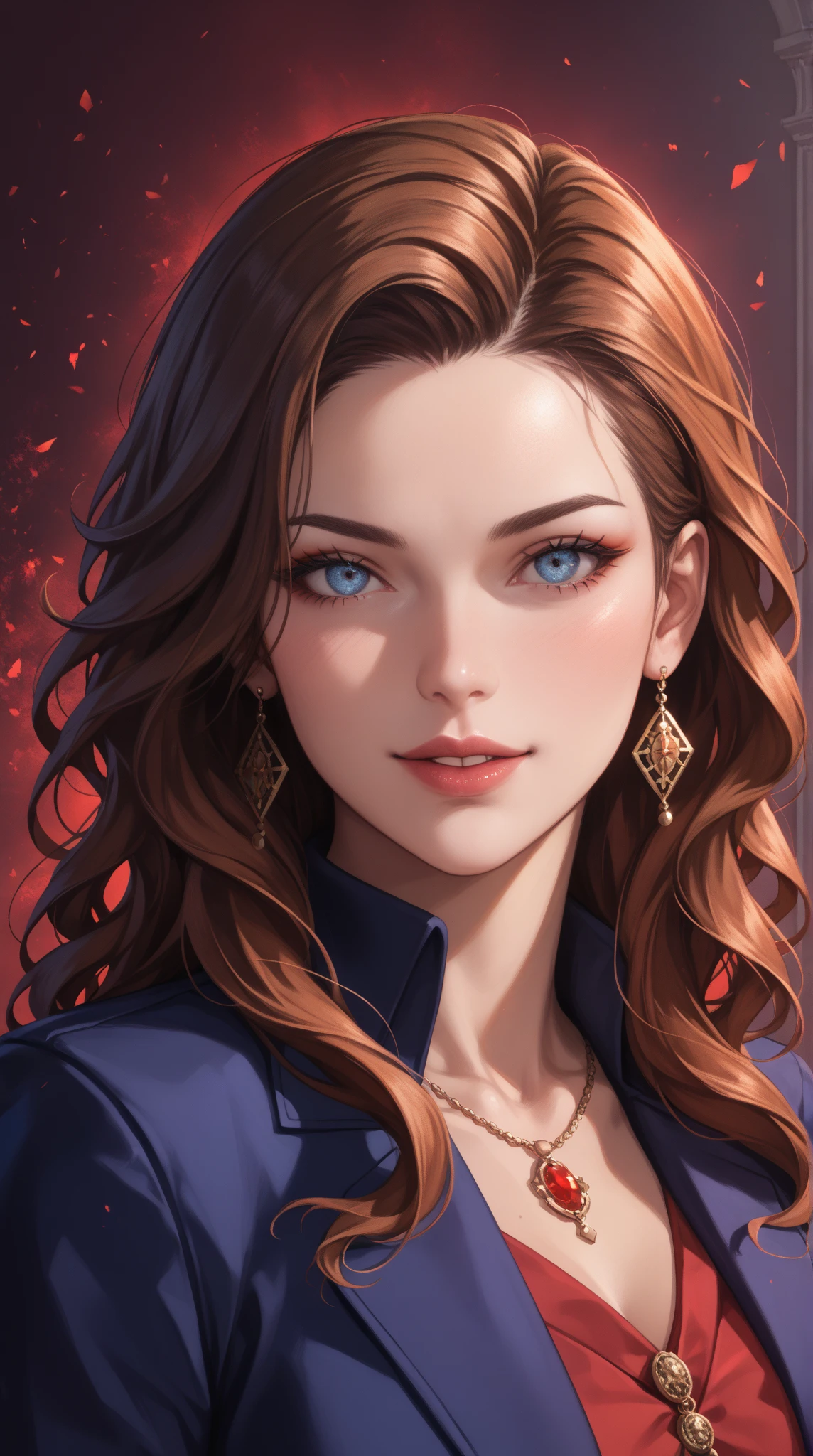 (extremely detailed CG unit 8k wallpaper, masterpiece, best quality, ultra-detailed), (best lighting, best shadow), 45 year old Spanish woman, mature, square face, wearing 1 red rose on necklace neck, wearing black lace dress with red, golden earrings, features like a maria padilla, (highly detailed skin: 1.2), medium brown loose hair with lights