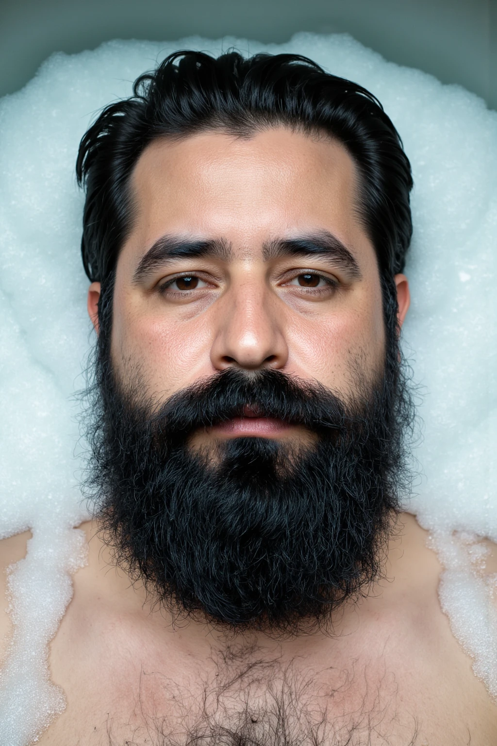 ultrahigh resolution, La mejor calidad, Foto, 4k, (fotorrealista: 1.4), cinematic lighting, a beautiful 38 year old man bathing in a pool, barba, brown eyes
