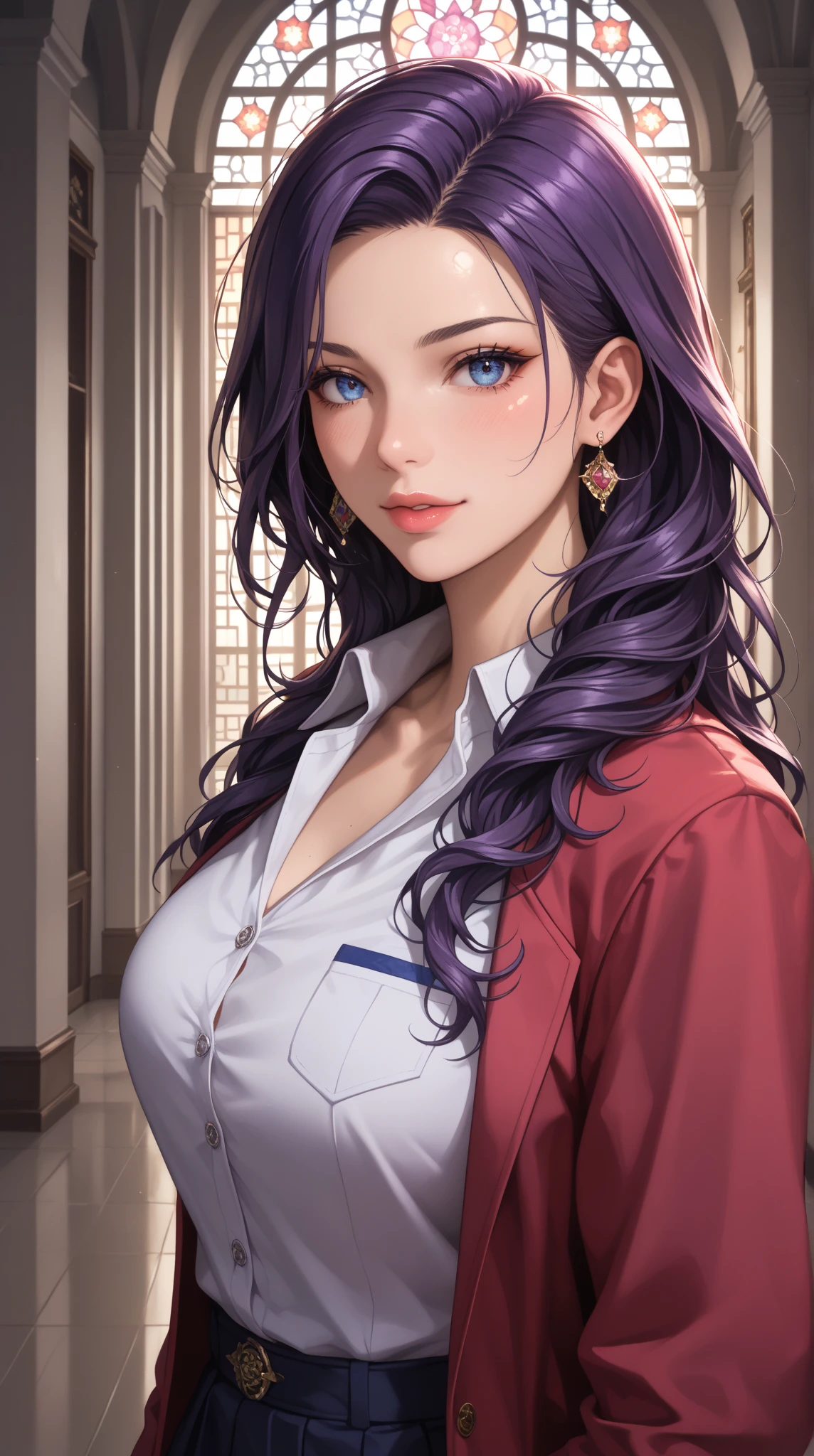 ((best quality, best resolution, master part, Absurdo)), Saori Kido (21 anos) vestindo uniforme escolar (white button-down blouse, my skirt plí, com seus longos cabelos roxos caindo em ondas suaves ao seu redor de seu rosto delicado. Huge breasts are visible under the fabric, and her skin is smooth and clear, deusa divina, giving you an air of influence and tolerance,