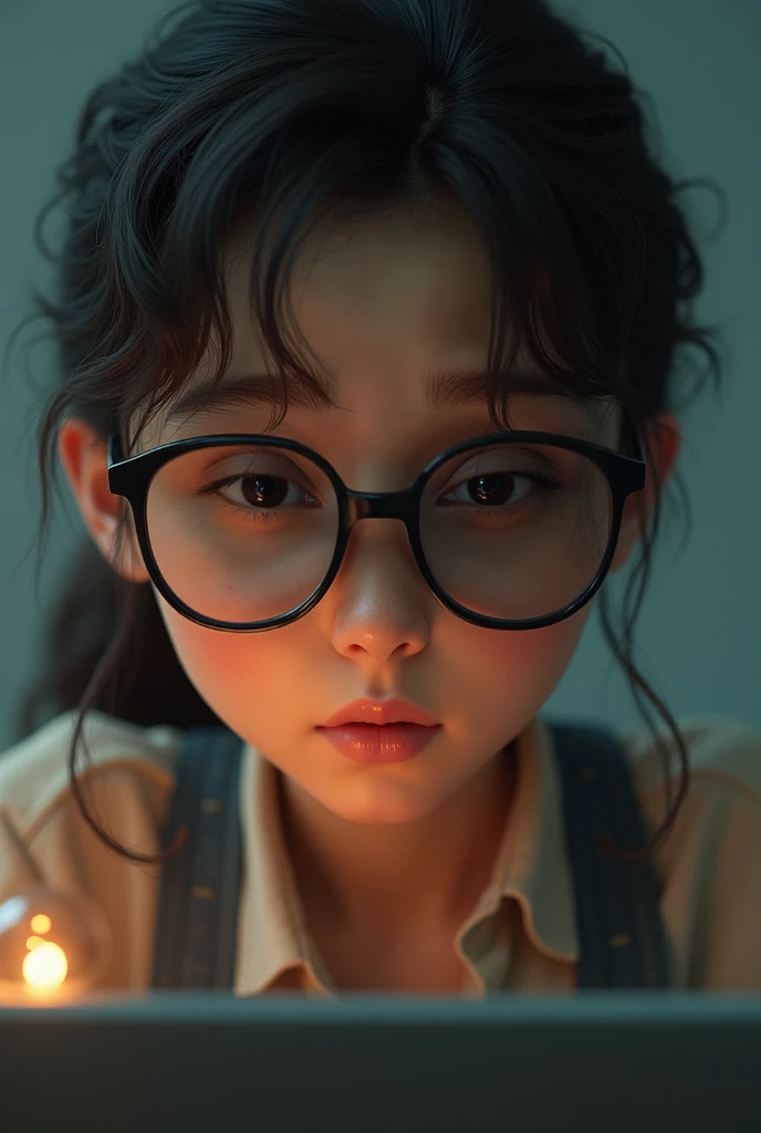 (Model shooting style), A sad homeless little girl, (wear glasses), dressing a old torn clothes, (Shy), 1 Girl, Solitary, brown、curly、Messy hair, Very detailed face, beautiful eyes, [Chubby], Lovely, Ruddy cheeks，Bright, Sad eyes, Stunning beauty, (Rembrandt Lighting), Zeiss lenses, Surreal, (High Detail Skin:1.2), 8K Ultra HD, Digital SLR Camera, Dramatic rim light, high quality, Fuji XT3,