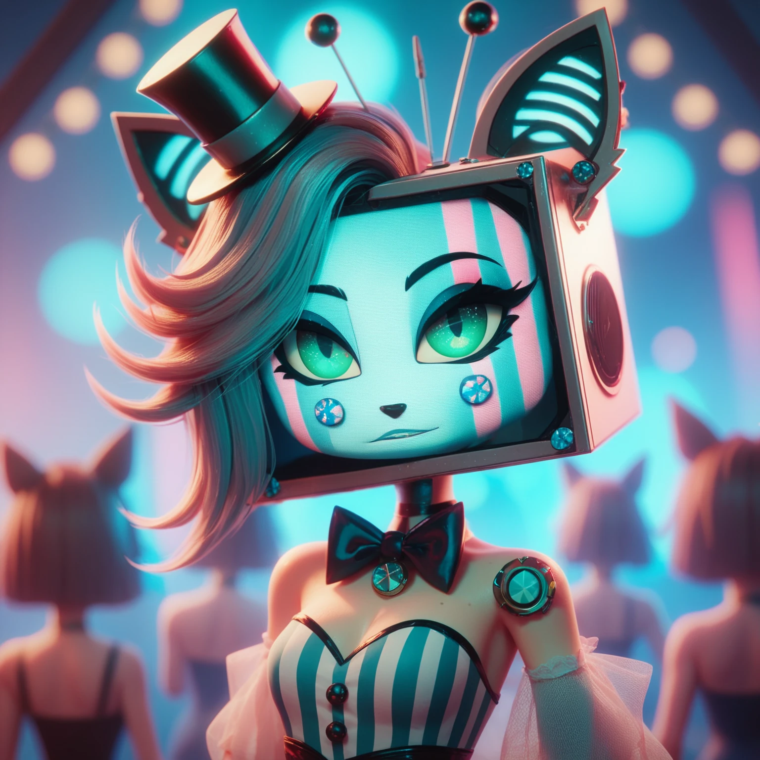 Generate an oc : feminine, de the amazing digital circus,  inspired by the Vox of Hazbin Hotel,  with a television head ,  but green eyes and screen /skin color cyan blue , Digital Art,  blurry background,  masterpiece ,  best quality ,  full body