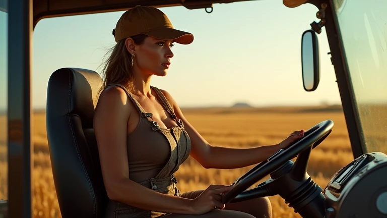 a gorgeous 22s model woman riding a caterpillar truck at the beach hill. constrast, best quality, ultra-detailed,(light) (cinematic light, frontlighting, volumetrics, ultra high res, best shadow, RAW, shot on Canon_Sure_Shot_Max, RZ 180mm, Pentax 67 165mm f3.8 CineStill_800t