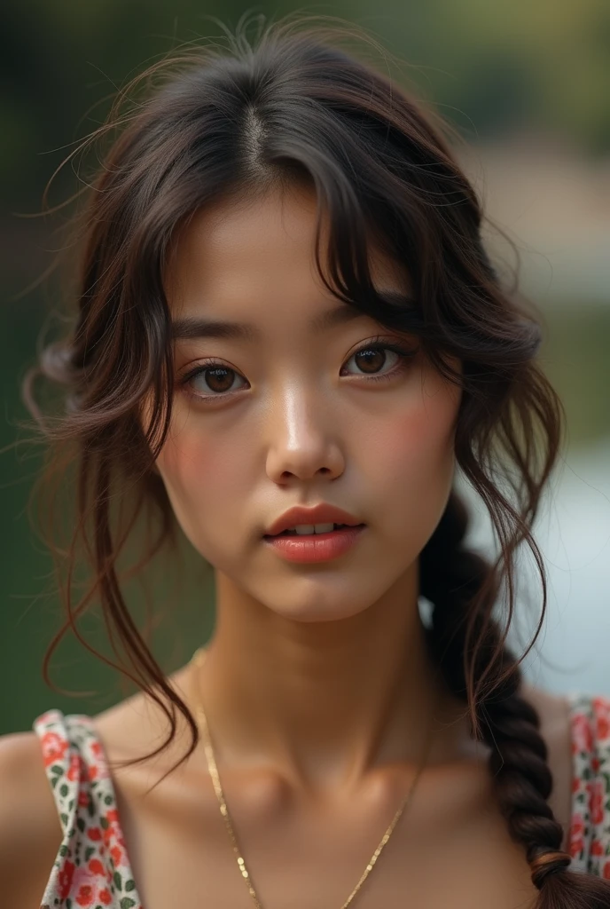 tmasterpiece,Best quality at best,8k wallpaper,ultra - detailed,Ultra-high sharpness,photography of,actual,1 plump girl,Alone,Critical hit rate,black hair color hair,Side braids,intermittently,morningglow,pastels,cold shades,rays of sunshine,gentlesoftlighting,Peaceful atmosphere,The tranquility of the early morning,