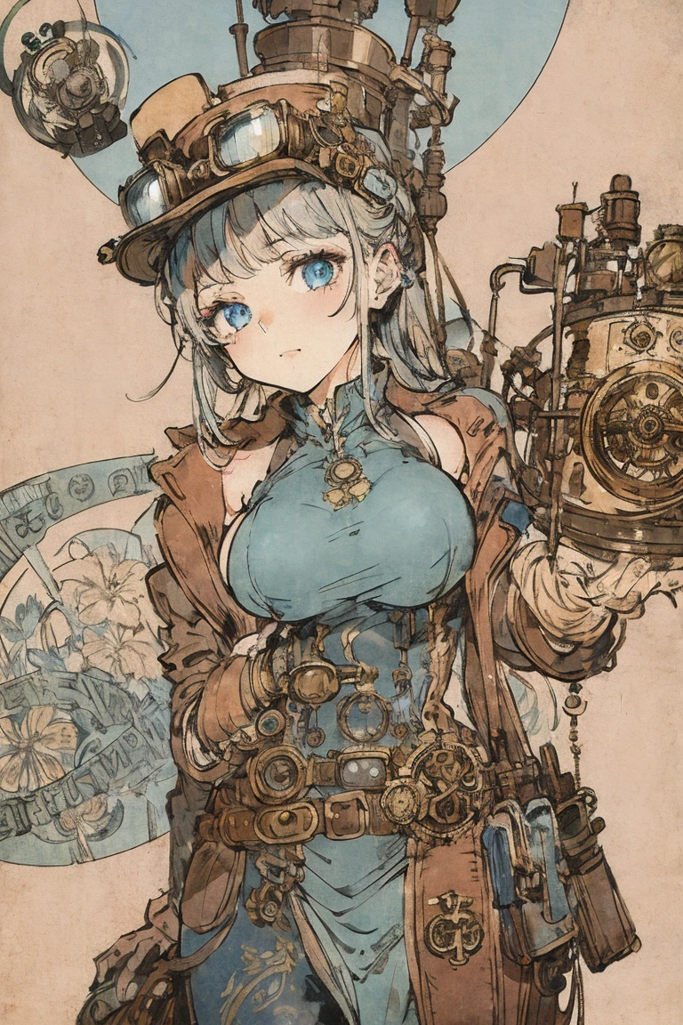 Gray Hair,  girl, cowboy shot,  blue eyes, steampunk, mucha style, top quality , masterpiece,  super high res, steampunk hat with goggles, huge breast, Industrial Background, Flower Design 