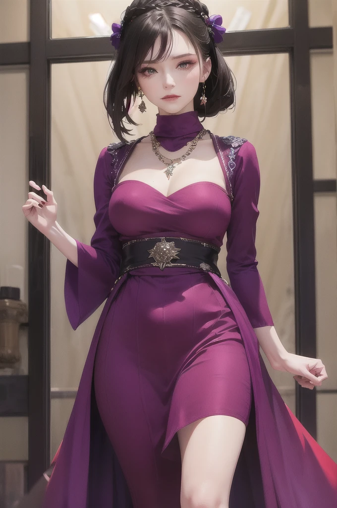 best quality, masterpiece, highres, official art, extremely detailed cg unity 8k wallpaper, 1girl, long hair, jewelry, hair ornament, realistic, she's wearing a beautiful dress in purple color, (((purple top and purple dress))), ((turtleneck)), (((dark purple))), necklace, full body, she looks angry