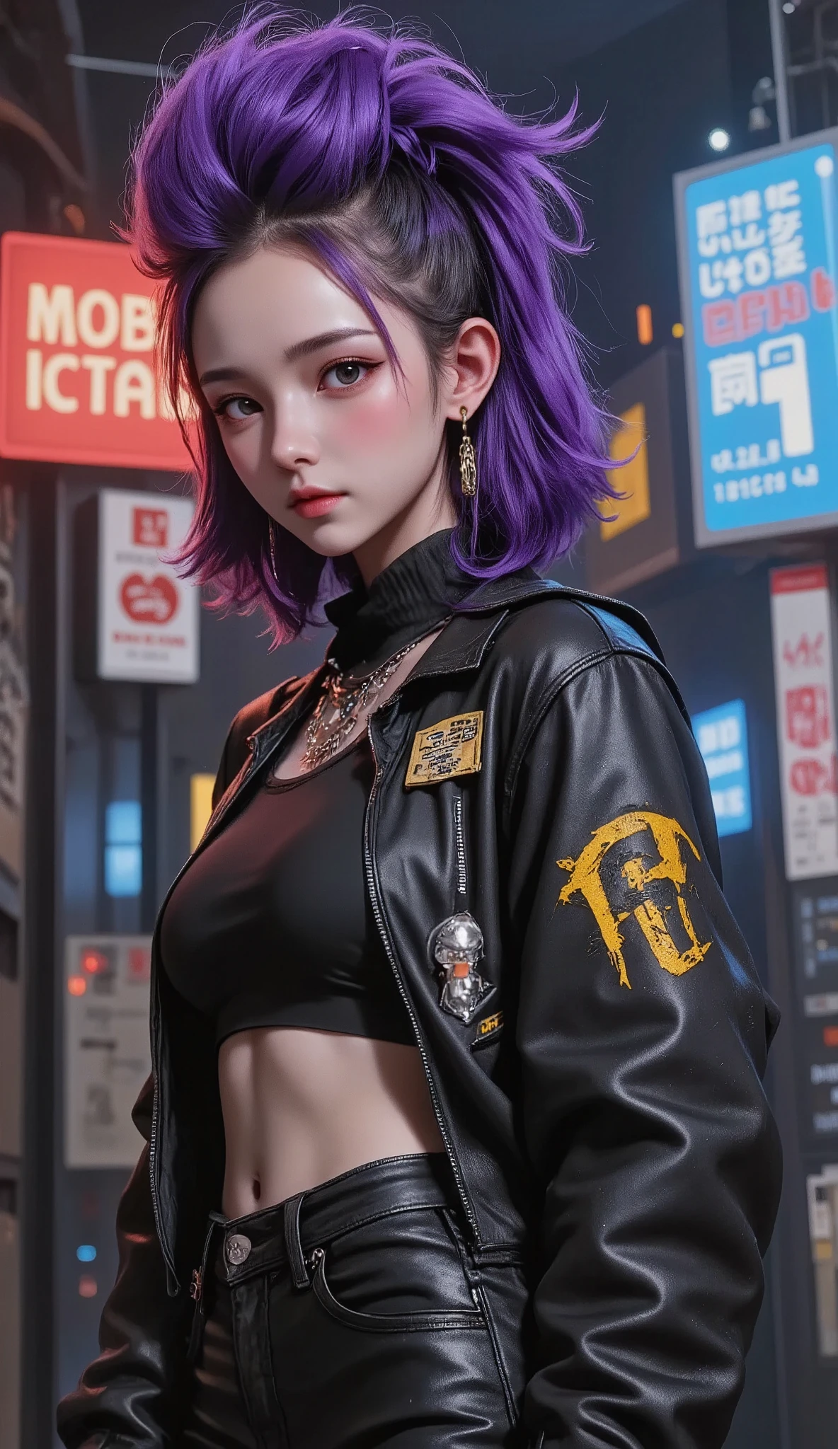 Models, professional:1.6, ( better quality,4k,8K,highres, Masterpiece:1.2), ultra detailed , realistic ,punk style,punk fashion, full body shot :1.5,plano general:1.5, rebelde,clothes with spikes,Chain accessories, Rebel Pose,mohawk high, purple hair ,colorful,avant-garde background , lighting studio,dynamic pose and elegant