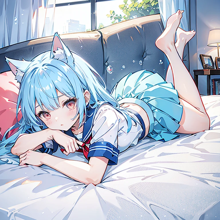  Charming Light Blue Hair Cat Ear Girl Wearing Swim Skirt，Red upskirt with red face lying on the bed