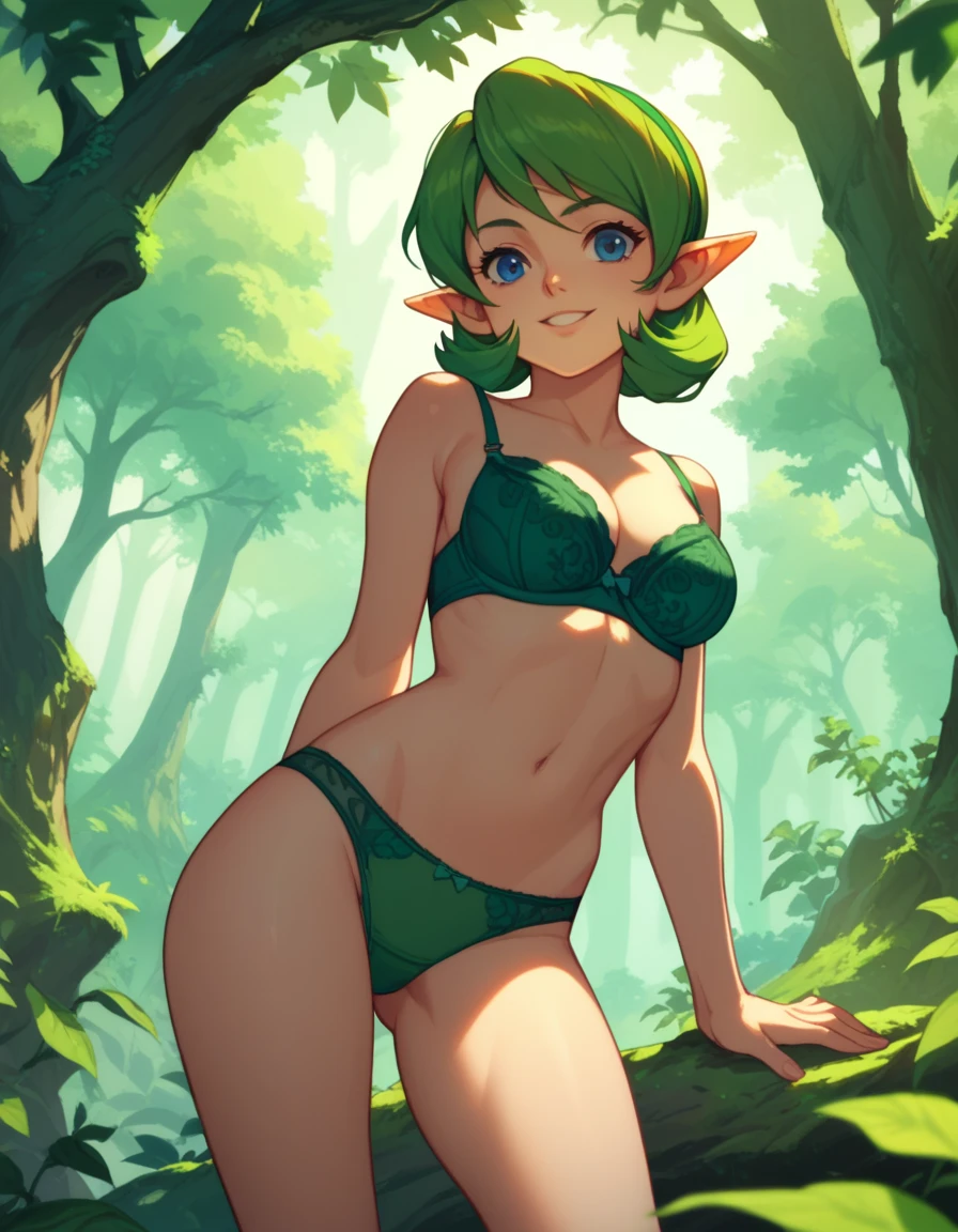 score_9,score_8,score_7,score_8_up,score_7_up,score_6_up, source_anime, anime screencap, saria, sexy, panties, bra, 1girl, forest, beautiful, smile