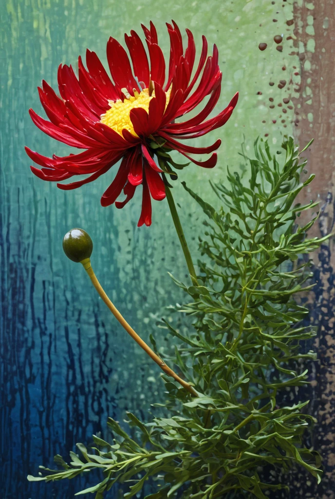 Minimalism,  Akiya Kageichi , Toka Shinoda ,  Carol Cavalaris ,  ikebana close-up , oil, palette knife ,  background color olive indigo coffee taupe,  green , Red Line,  Chrysanthemum