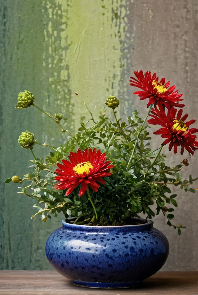 Minimalism,  Akiya Kageichi , Toka Shinoda ,  Carol Cavalaris ,  ikebana close-up , oil, palette knife ,  background color olive indigo coffee taupe,  green , Red Line,  Chrysanthemum