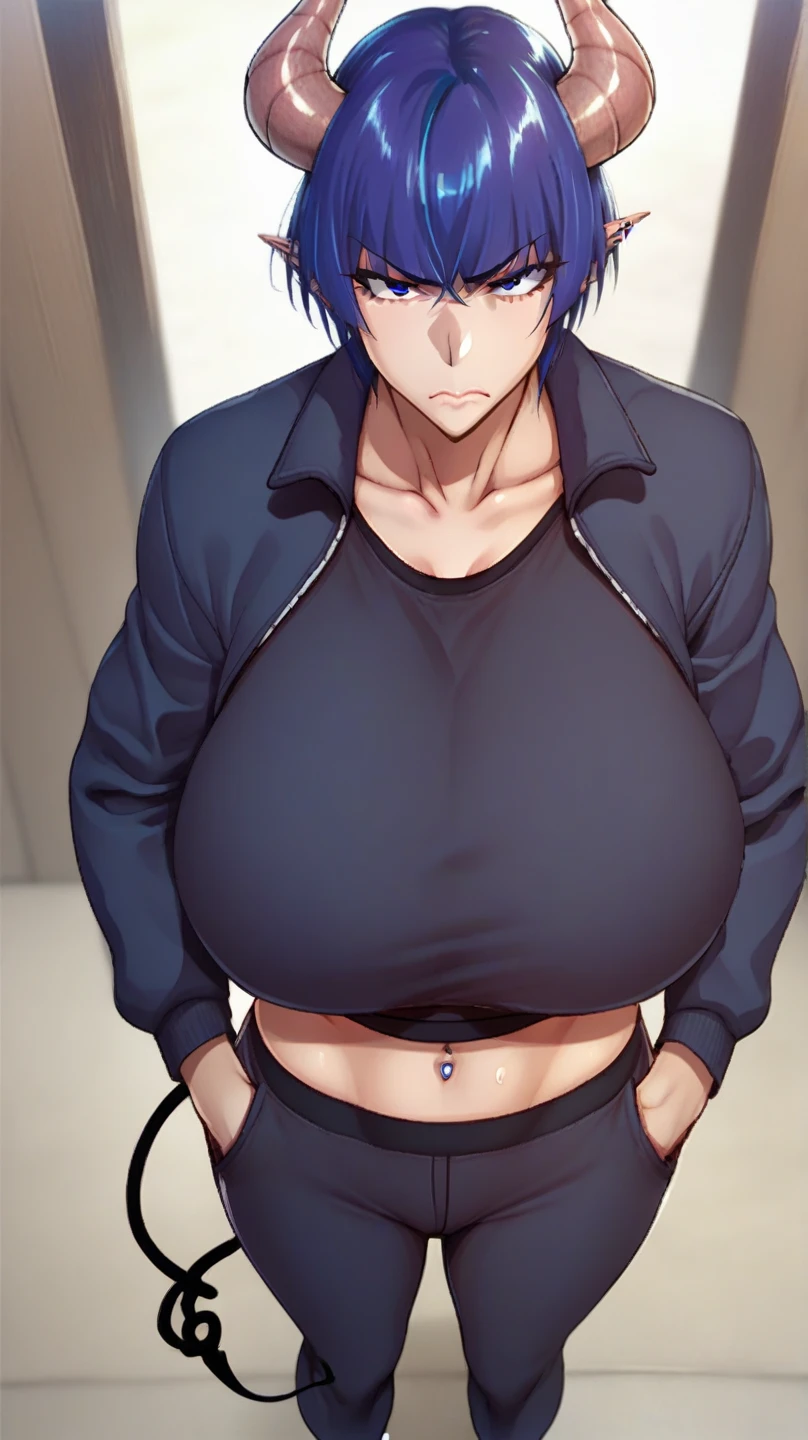  score_9,       score_8_above,       score_7_above,       score_6_above,     Takeda Hiromitsu Style   ,  a girl, huge breast ,    big breasts,     tall details   ,      The best quality     ,     anatomically correct  ,     short hair ,     Closed mouth    ,   , piercings ,   hands in pockets    ,  so lines ,   open sports jacket ,   tight sports pants   , The serious face ,Horns de demonio, succubus tail, Horns ,  blue hair  ,  succubus tail  