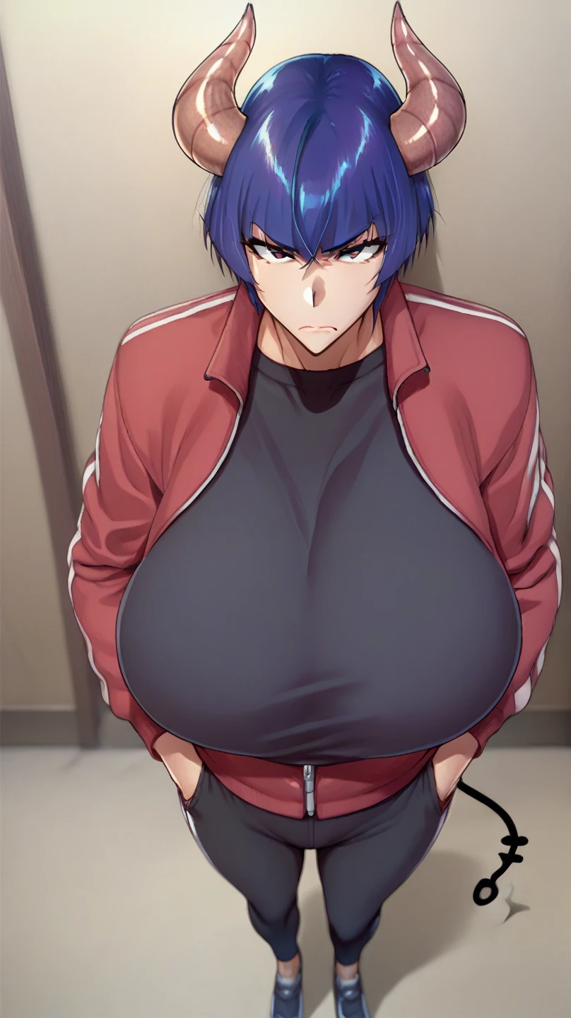  score_9,       score_8_above,       score_7_above,       score_6_above,     Takeda Hiromitsu Style   ,  a girl, huge breast ,    big breasts,     tall details   ,      The best quality     ,     anatomically correct  ,     short hair ,     Closed mouth    ,   , piercings ,   hands in pockets    ,  so lines ,   open sports jacket ,   tight sports pants   , The serious face ,Horns de demonio, succubus tail, Horns ,  blue hair  ,  succubus tail  