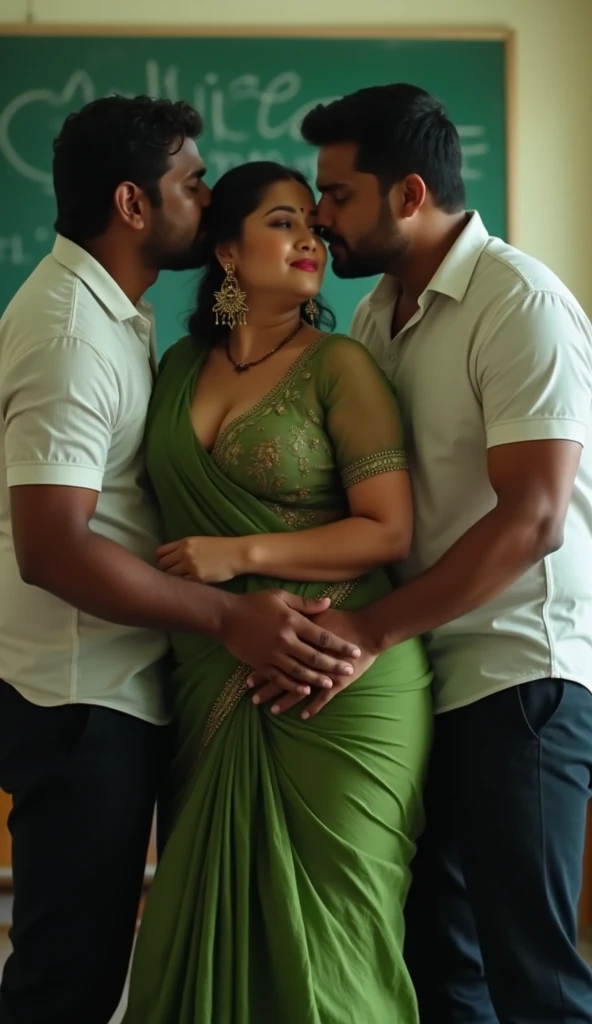 A radiant, full-figured South Indian 45-year-old aunty wearing a light green chiffon saree and blouse, tenderly hugging a jubilant group of 25-year-old men in living room, captured in a full-body image with vibrant hues and meticulous details.