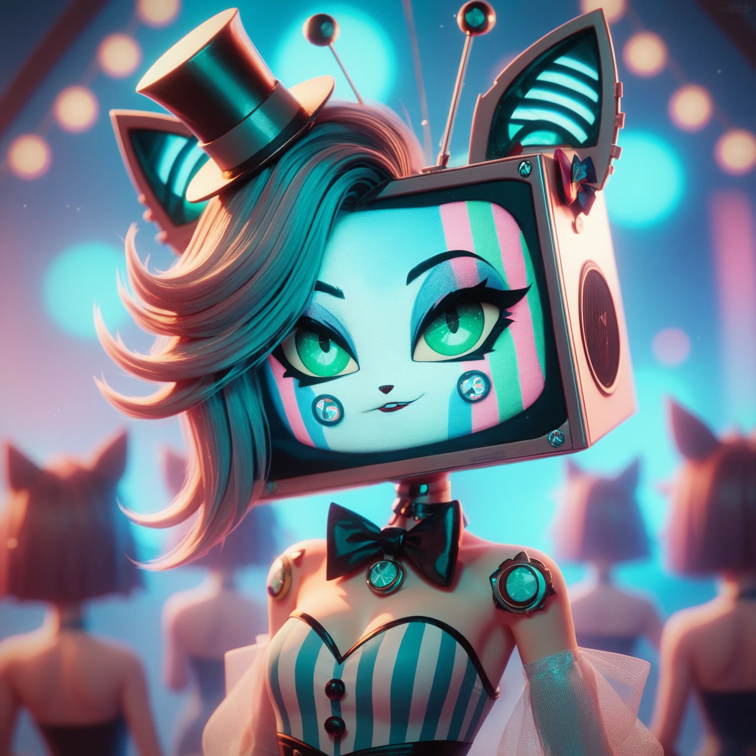 Generate an oc : feminine, de the amazing digital circus,  inspired by the Vox of Hazbin Hotel,  with a television head ,  but green eyes and screen /skin color cyan blue , Digital Art,  blurry background,  masterpiece ,  best quality ,  full body