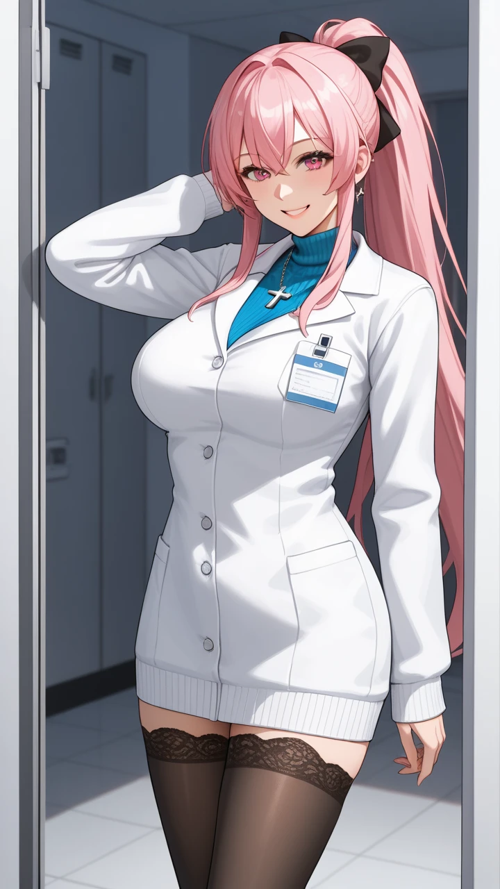  score_9,  score_8,  score_7, source_    animated, 1mature_FE, Only 1 woman , smile,   pink hair ,   long ponytail  , black bow behind the head  ,  bright pink eyes ,  Apollo  ,   Long sweater  , cross necklace,  doctor's white coat  ,   black lace stockings ,   focus on the face ,  blue collar sweater with a hospital room background, cuerpos perFEctos,  erotic anatomy , anatomía perFEcta, Piernas perFEctas, Postura perFEcta, Ambient light.