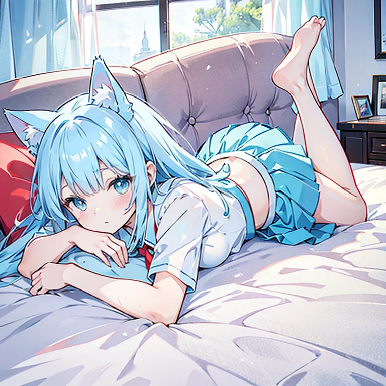  Charming Light Blue Hair Cat Ear Girl Wearing Swim Skirt，Red upskirt with red face lying on the bed；從下方往上看