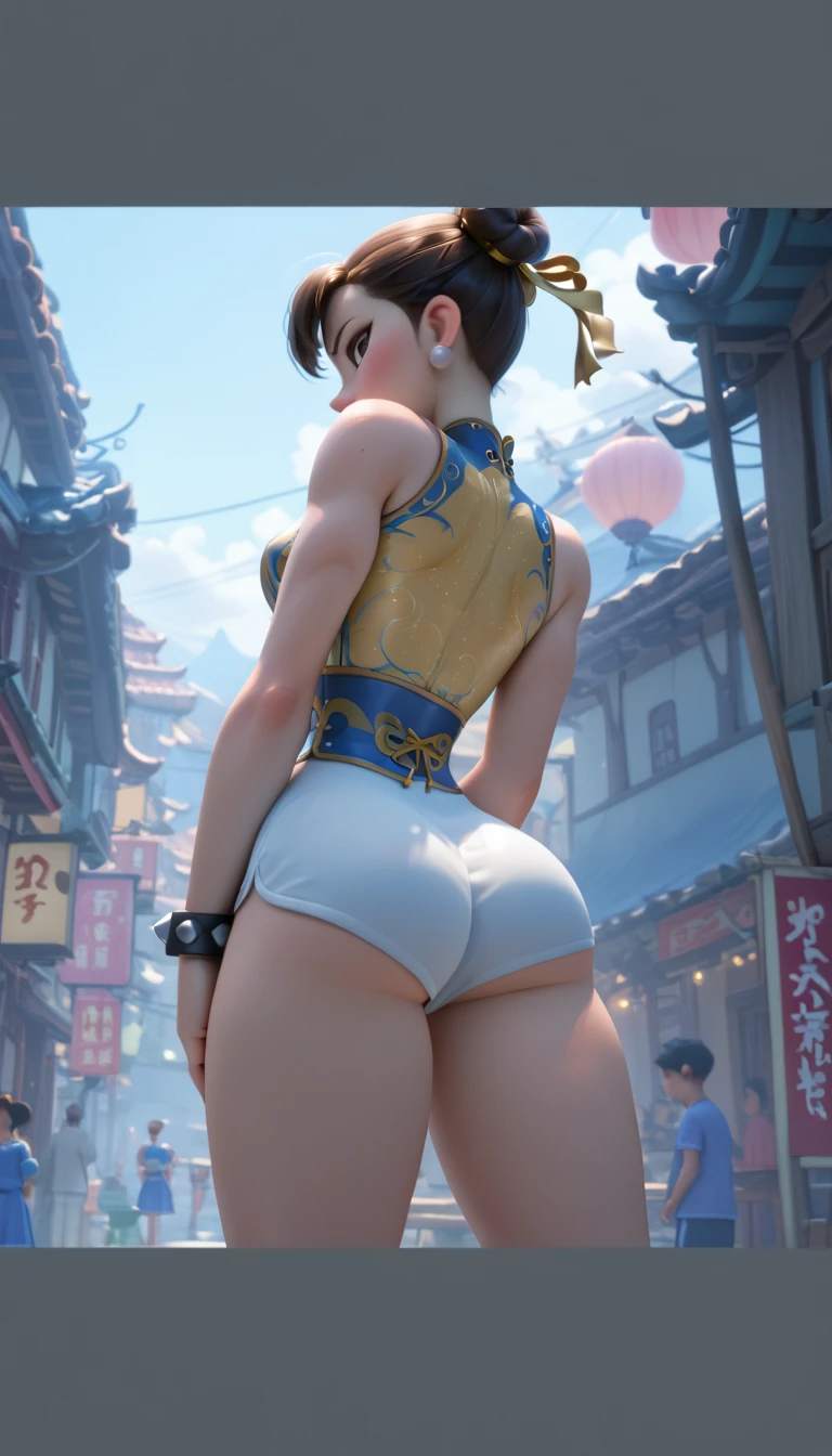 "Showcase a 3D young Chun-Li posing with her back to the camera and the camera is low, the scene is styled with a whimsical and expressive Disney/Pixar-inspired aesthetic:"