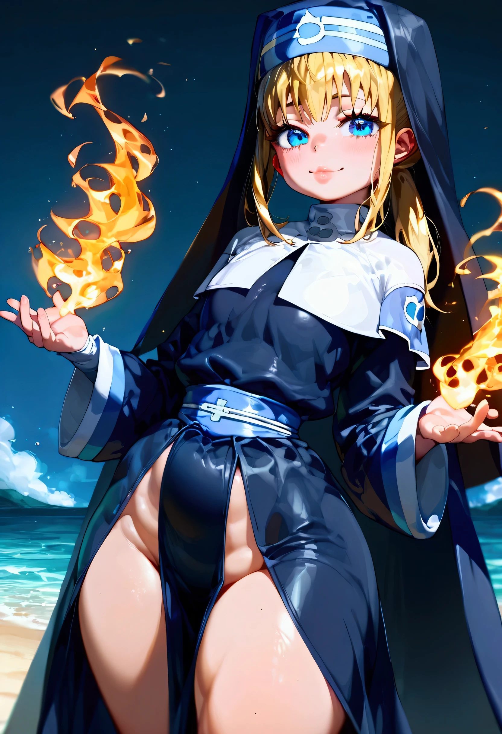 score_9, score_8_up, score_7_up, score_6_up, score_5_up, score_4_up, medium shot, frontal view, 1 women, (loli), (loli body:1.3), tall, detailed mature face, ((Iris (Iris) - Fire Force (Enen no shououtai ) ( Fire Force)), (very long hair), (blonde hair), ocean blue eyes, streaked hair, (ponytail), detailed lips, (flat chest:1.3)), (thick thighs), rating_explicit, high resolution, expressive, perfect anatomy, perfect hands, masterpiece, dynamic lighting, dynamic shadows, voluminous, depth of field, naughty face, big detailed eyes,  (Sexy nun (lewd nun)), hourglass body, wide hips, curvy legs, seductive pose, ((in the night)), perfect fingers, (perfect detailed fingers:1.0), (perfect eyes SDXL:0.7), (Curve slider PonyXL)