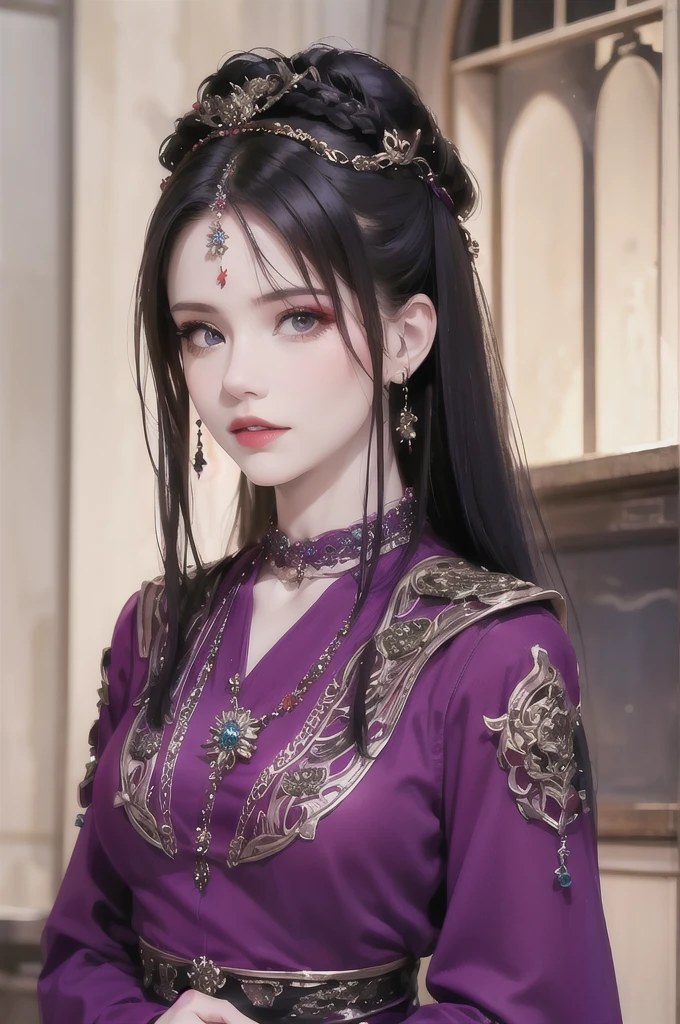 best quality, masterpiece, highres, official art, extremely detailed cg unity 8k wallpaper, 1girl, long hair, jewelry, hair ornament, realistic, she's wearing a beautiful dress in purple color, (((purple top and purple dress))), ((turtleneck)), (((dark purple))), necklace, full body, she looks serious