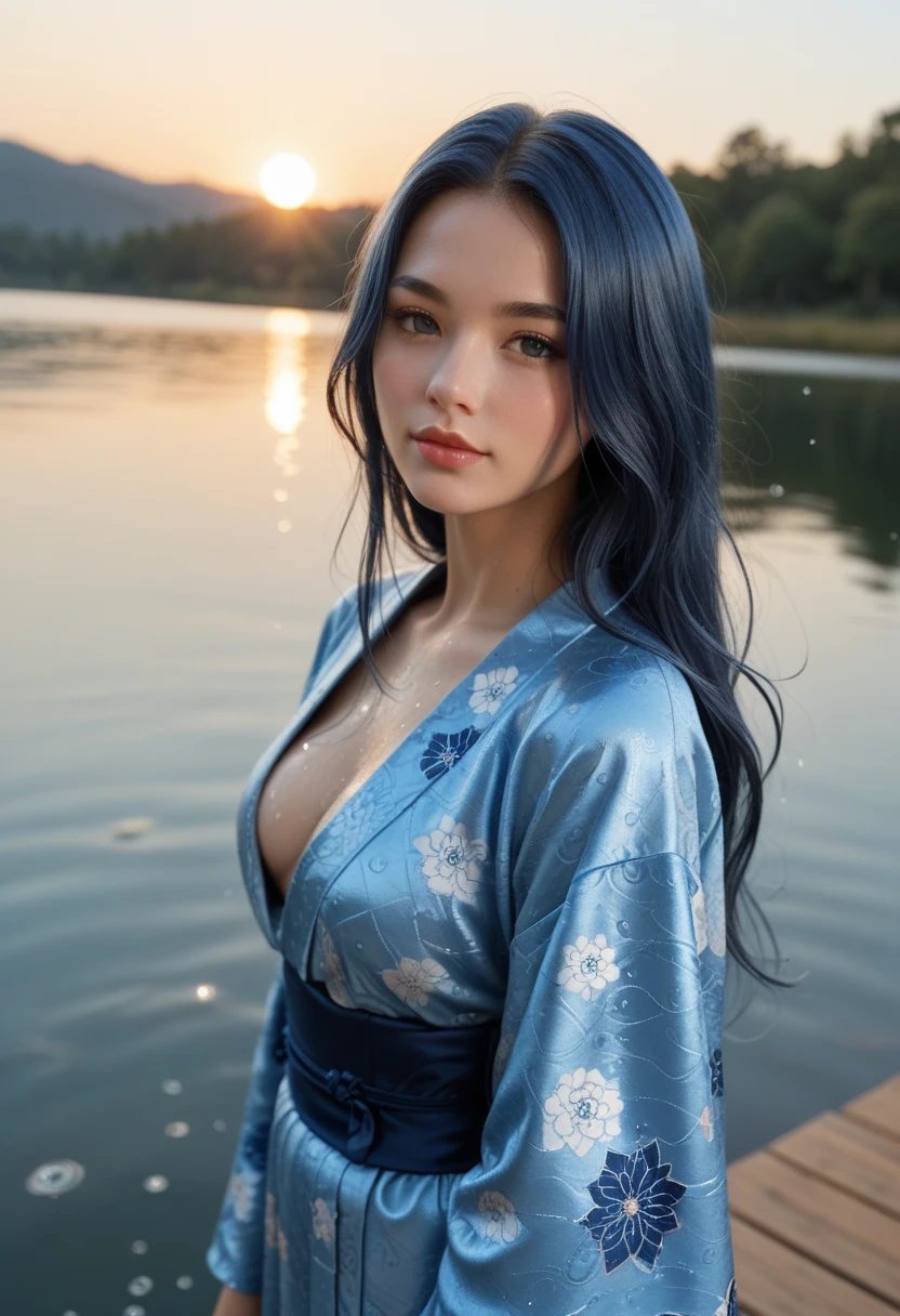 (masterpiece), best quality, expressive eyes, perfect face, long blue hair that falls to the waist, always slightly disheveled. Your eyes are a deep, melancholy blue She is pale, with an expression that is always introspective and distant. Dress in loose, dark-toned clothing, preferring cozy sweaters and comfortable pants. full breasts, slightly chubby body,