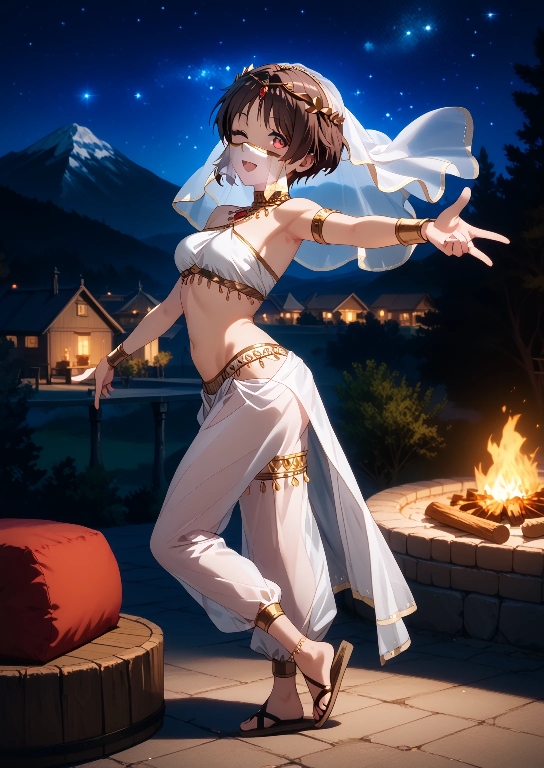 kumin tsuyuri, slender, short hair, brown hair,  red eyes, hugging big pillow, from side, belly dancing, (white veil, thin mouth veil,) circlet, neck ring, thighlet, gold trim,(naked harem pants, translucent harem pants, groin area no cloth,) arched back, face up, twisted torso, pointing up,outstretched arms, spread fingers, looking back at viewer, knee up, tiptoes, head steam, sandal, (wink,, happy, light smile, open mouth,) , cowboy shot, darknight, lit by bonfire, desolate rocky mountain, starry sky