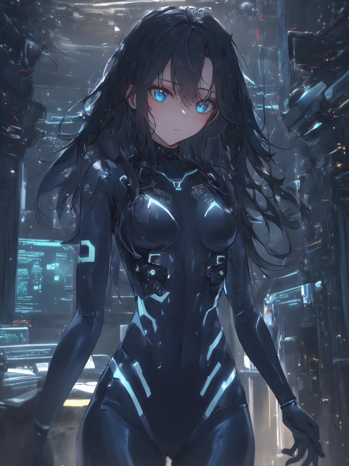 1 girl、solo、looking at the viewer、(若いcute美しい18歳の女の子:1.1)、3d face、beautiful girl、beautiful features、cute、Girlface、K-POP idol、Supermodel、Stunning innocent symmetrical face、perfect body、medium breasted、slim waist、slim legs、(high detail skin:1.2)、shining eyes、Skyscraper、weapons of the future、Proper body proportions、perfect anatomy、realistic skin texture、luscious lips、glossy lips、natural makeup、beautiful bright pupils、slender body shape、complicated eyes、detailed pupil、 detailed face and eyes、long eyelashes、blush、good hand、perfect hands、pretty face、beautiful female body、fine skin、oily shiny skin、complex mechanical bodysuit、Navy blue and black bodysuit、full armor、(Energy Beam:1.3)、(Highly detailed worn metal texture:1.3)、Science fiction、(dark blue hair、Navy Blue theme、Blue coloring、blue eyes:1.3)、very long hair、(A person who emits an aura from his body:1.4)、(青いsolo、lonely girl、shortcut、light on face、Because I&#39;m slender、metal gear、cyberpunk style、（perfect body：1.4）、sparkling blue eyes、Black and navy blue bodysuit、tight fitting clothes、clothes that cover the whole body、clothes that hide skin、very delicate and beautiful、Because I&#39;m slender、gentle smile、heroine、Knee-high boots、gloves up to the elbow、clothes that hide skin、positive、((fighting stance:1.3))、bare hands