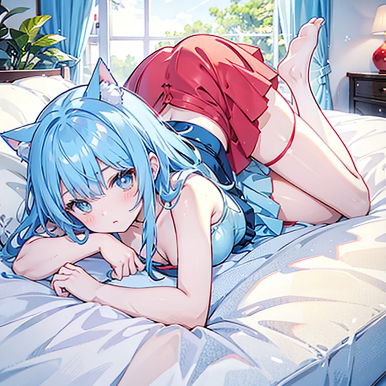  Charming Light Blue Hair Cat Ear Girl Wearing Swim Skirt，Red upskirt with red face lying on the bed