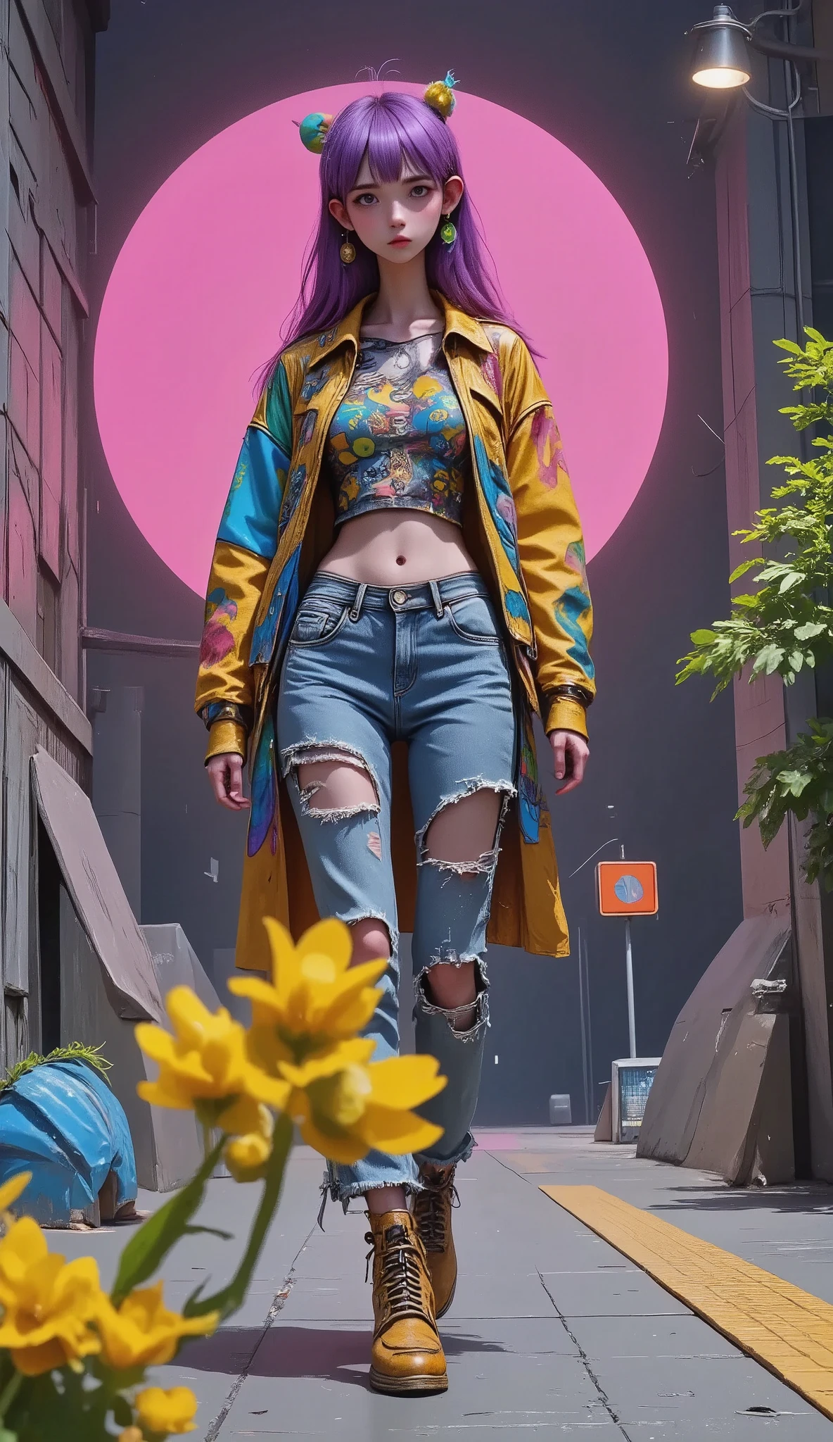 Models, professional:1.6, ( better quality,4k,8K,highres, Masterpiece:1.2), ultra detailed , realistic ,punk style,punk fashion, full body shot :1.5,plano general:1.5, rebelde,clothes with spikes,Chain accessories, Rebel Pose,mohawk high, purple hair ,colorful,avant-garde background , lighting studio,dynamic pose and elegant