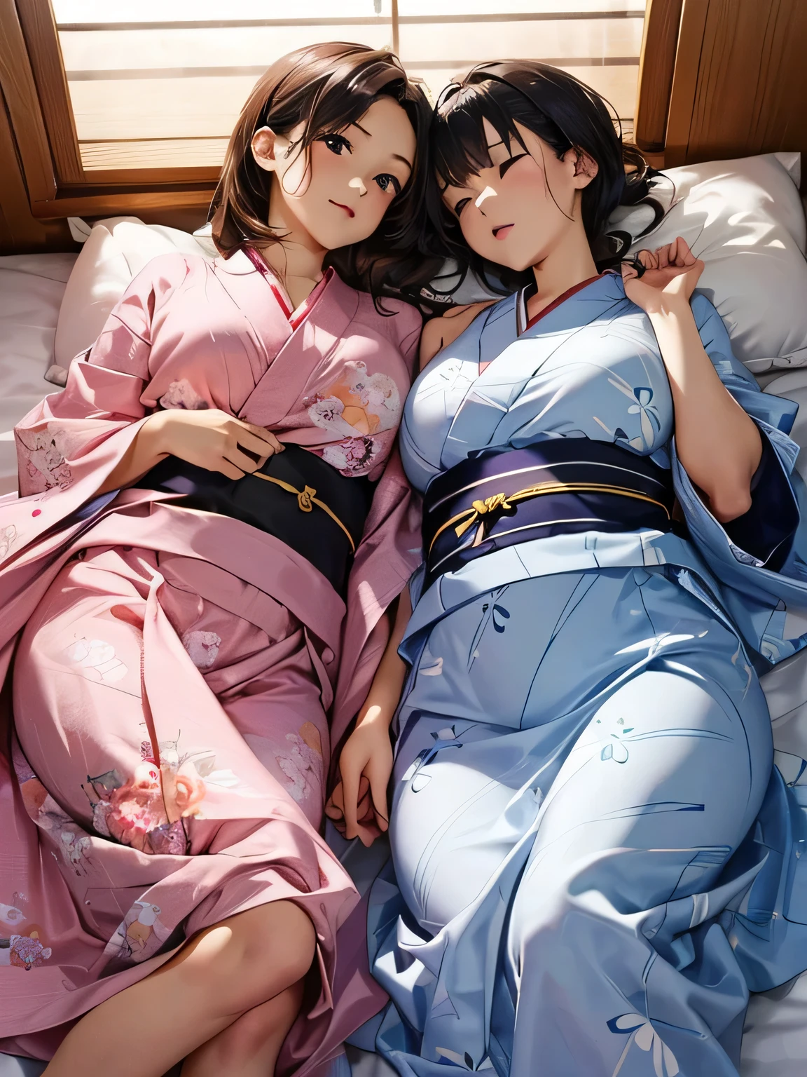 (kimonoyukata ), group_mf, ( young sisters taking a nap on futons)、 2 girls、(Original photo、Realistic)、( top quality 、8k、 high definition 、masterpiece:1.2)、(Ultra-detailed)、( perfect anatomy:1.6)、(( beautiful eyes))、( A beautifully arranged face )、 hourglass figure、(Super big boobs that don't sag )、(Wide big ass)、( simple patterned yukata :1.3)、(Thin soft belt )、pillow、Japanese Inn、 intimate atmosphere where they almost kiss 、 two-shot photo of a parent and  separated by age