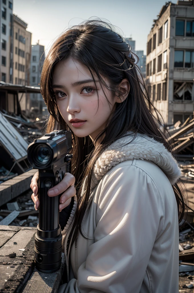 Highest quality, Realistic, (Photo Realistic:1.35), Award-winning photography, (Intricate details), (Subtle details), (Intricate details), (Cinematic Light), Sharp focus, 

(1girl), 

((gun aiming at viewer:1.40)), ((pointing a gun)), 
((On the roof of an abandoned building)), 
break 

(wearing coat), 
(Small Face Beauty), 
(Hair blowing in the wind), 
(Eyes chasing prey), 
beautiful face, detailed face, 
An exceptionally beautiful face, 
Perfect Human Anatomy, 
Transparent soft white skin, 
break 

((battlefield)), (Destroyed rubble, collapsed buildings, gunfire, explosions, In the ruins of the zombie apocalypse),
(A ray of hope in a world devastated by despair), 

(cinematic lighting), 
light particles, 
shine, glint,
Expressing emotions:1.35, 
Have a rich imagination,
Professional Lighting, 
Professional photographer, 

(depth of field:1.30), 
