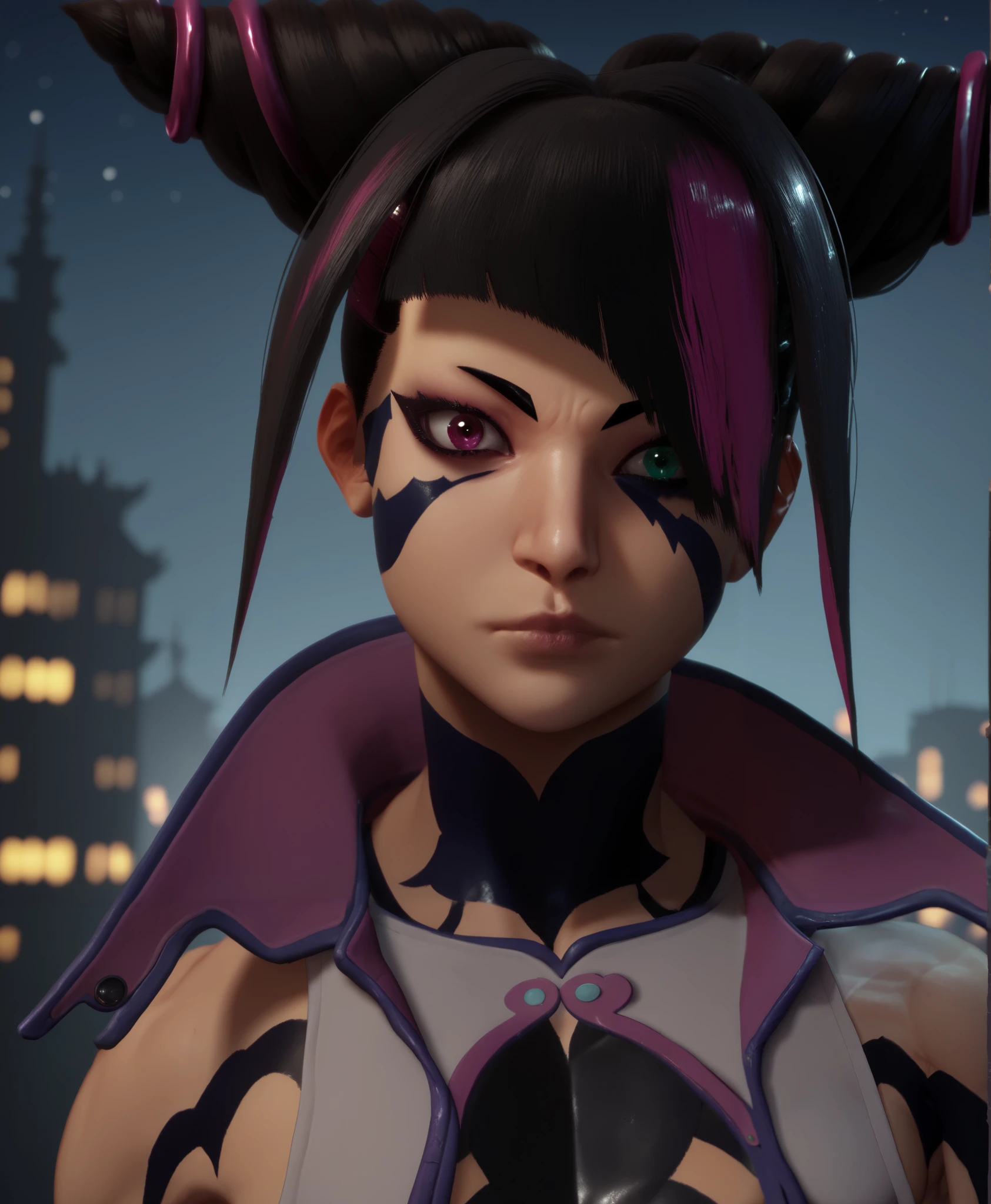 ((juriSDXLSF6)), ((juri han)), ((masterpiece)), ((face portrait)), ((cartoon style)), {(toned figure), (heterochromia), (thin eyebrows), (long eyelashes), (black hair with pink accents), (two toned hair)}, {(black body paint on torso)} {(looking at viewer)}, ((night city)), ((skyscrapers)), ((nighttime)), ((starry sky))