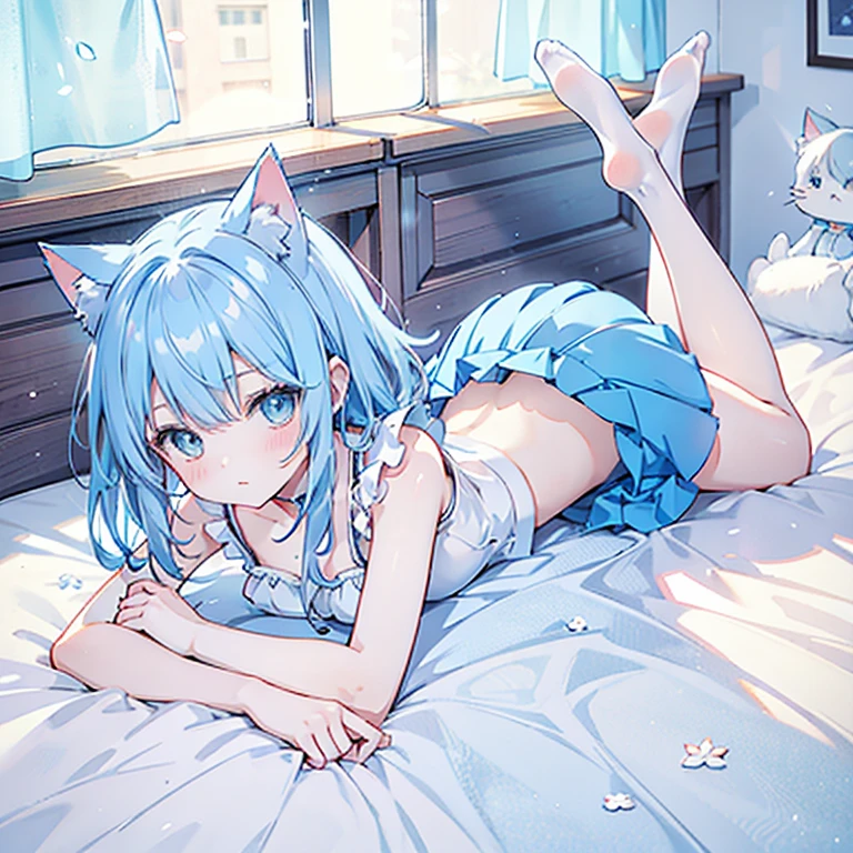 Charming Light Blue Hair Cat Ear Girl Wearing Light Blue Swim Skirt，Red upskirt with red face lying on the bed