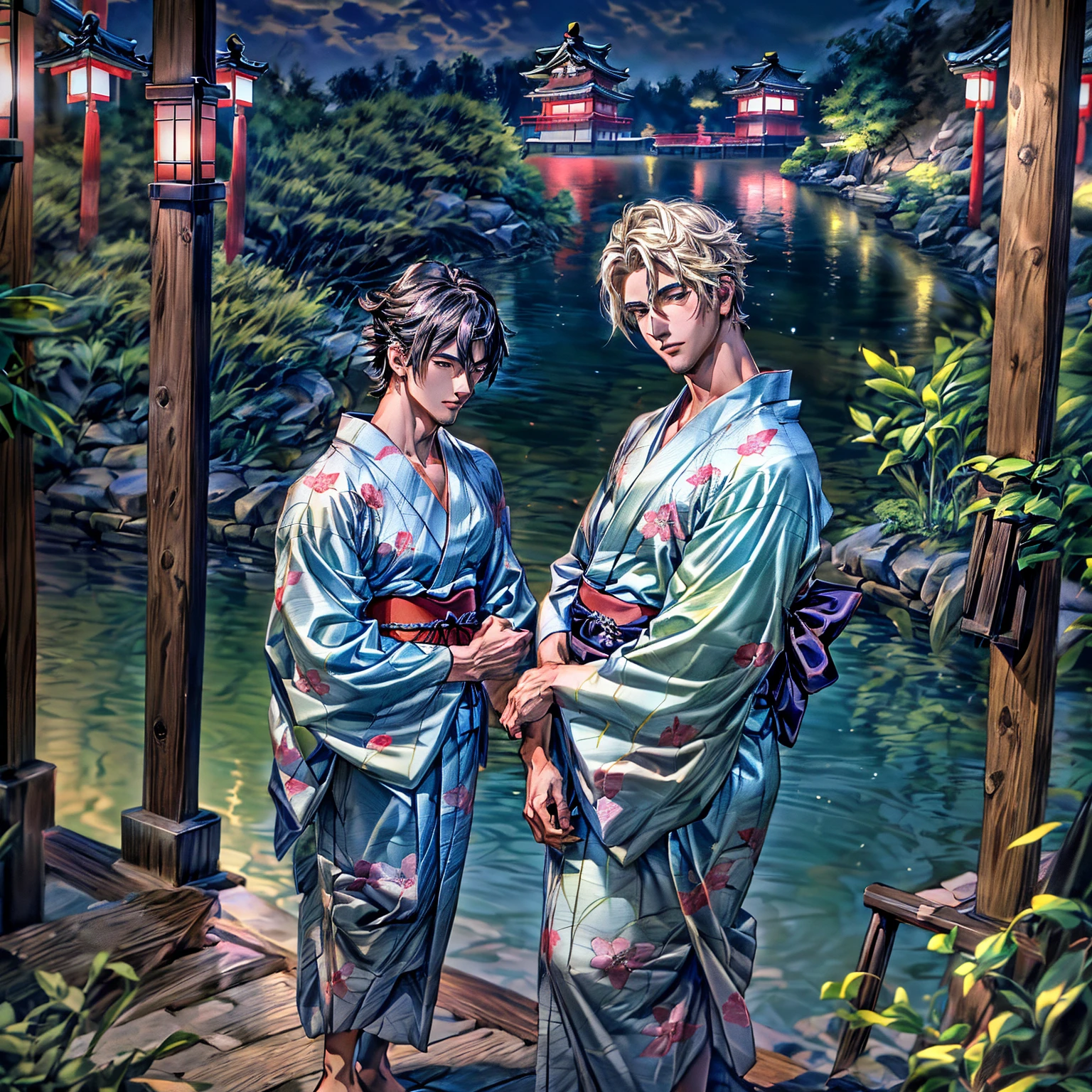 3 men talking on the edge of an ornamental lake in the courtyard of a house, Japanese style, YUKATA, ((ultra quality)), anime enhancement, ((8k resolution, masterpiece, best quality, elaborate details)), ultra detailed, ultra sharp, perfect colors, perfectly shaded, perfect lighting, very detailed face, perfect anatomy, 