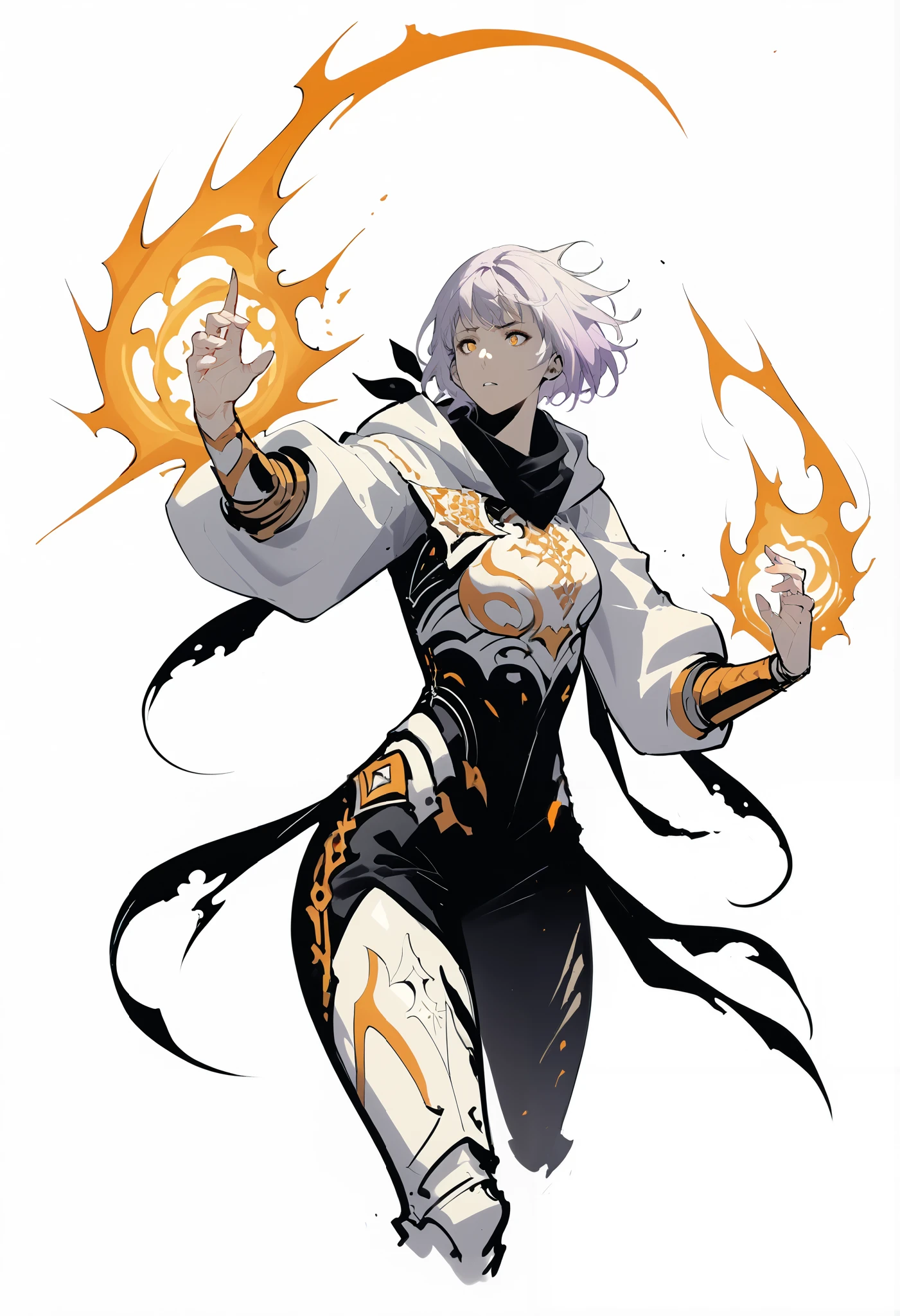 woman in fantasy clothes, white short hair in a ponytail, white hood, Torn black scarf, white purple and black Armor, aura (orange),, perfect Anatomy, intricate pencil sketch, un-zoom, highly detailed, Dynamic pose, white background