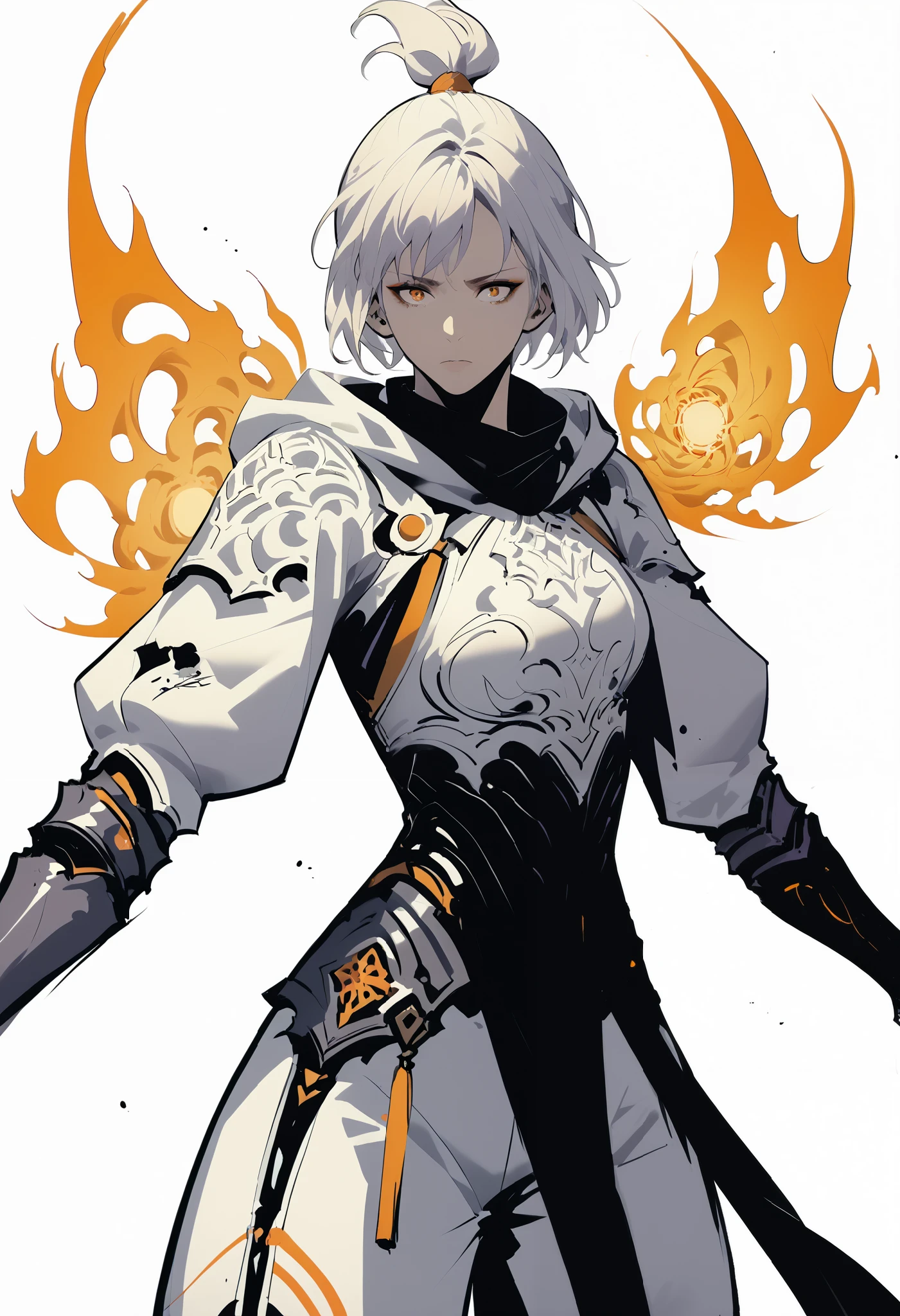 woman in fantasy clothes, white short hair in a ponytail, white hood, Torn black scarf, white purple and black Armor, aura (orange),, perfect Anatomy, intricate pencil sketch, un-zoom, highly detailed, Dynamic pose, white background