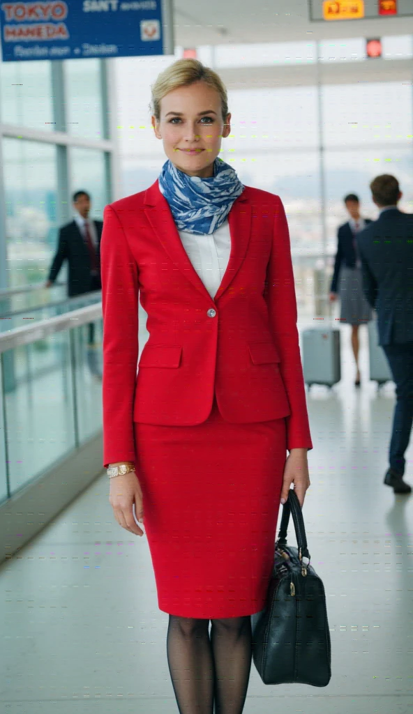 Photographic, Front view, standing pose,  looking at viewer,  female, 20-age, (light blonde hair, chignon , mole under , fringe, little smile, red attendant small hat), (middle breasts, slender whist, middle hip) , new German Stewardess, (Scarlet Flight attendant jacket and white blouse, Scarlet long pencil skirt , blue scarf ,black stocking, black heals), 1 bag, lady's watch,  in Tokyo Haneda airport,( super detailed, High Details , High Quality , Accurate, anatomically correct , textured skin, beautiful fingers super detailed, High Details , High Quality , High Quality )