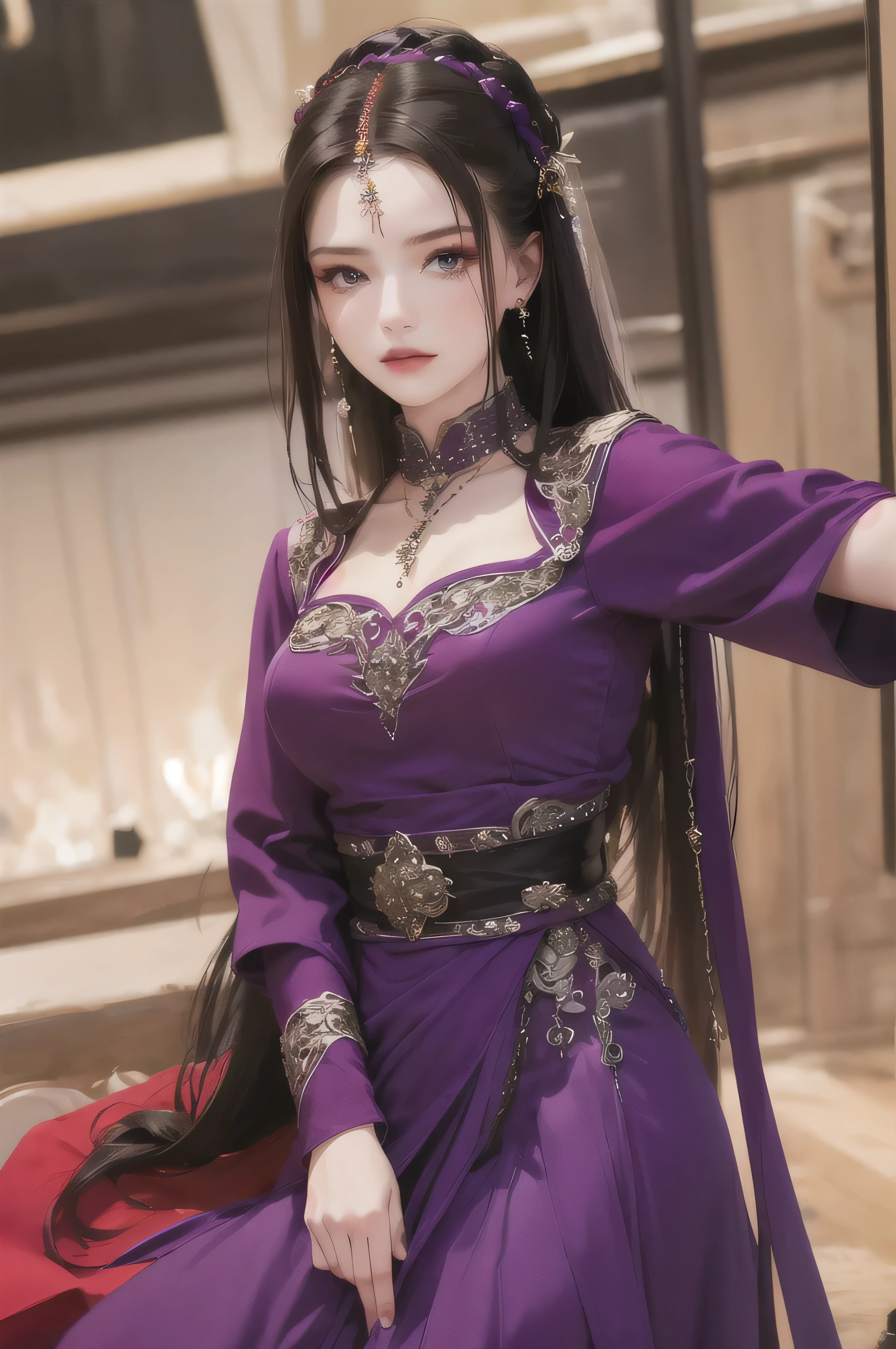 best quality, masterpiece, highres, official art, extremely detailed cg unity 8k wallpaper, 1girl, long hair, jewelry, hair ornament, realistic, she's wearing a beautiful dress in purple color, (((purple top and purple dress))), ((turtleneck)), (((dark purple))), necklace, ((full body)), she looks serious