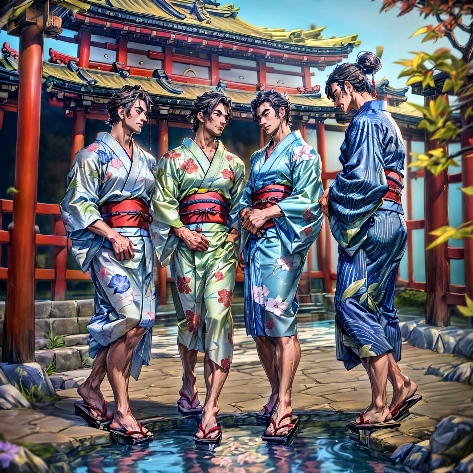 3 men talking on the edge of an ornamental lake in the courtyard of a house, Japanese style, YUKATA, ((ultra quality)), anime enhancement, ((8k resolution, masterpiece, best quality, elaborate details)), ultra detailed, ultra sharp, perfect colors, perfectly shaded, perfect lighting, very detailed face, perfect anatomy, 