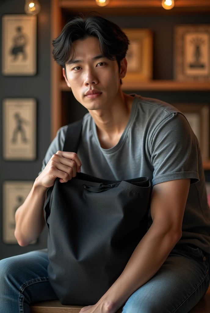 Handsome Asian man, technological primitive. The black shirt says "Thoriq", jeans, fine quality, nice photo, Side view, shooting 10 meters.