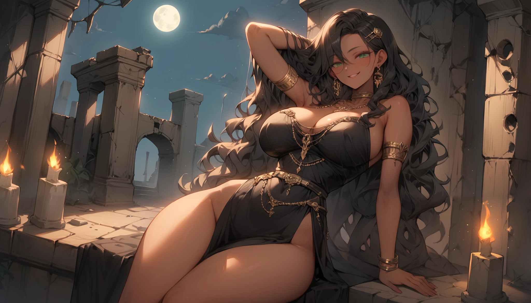 MILF, Dark skin, black wavy hair, green eyes, huge breasts, thick thighs, royal outfit, slim waist, smug, under the moonlight, dark, night, ruins in the background