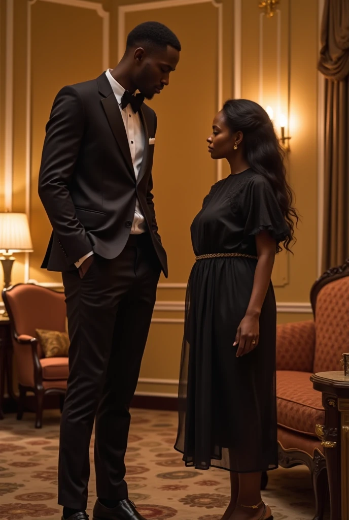 Tunde a 6’5” tall man, dark chocolate , Tunde and Amara holding hands in love together , Amara is a beautiful 5'3", black girl fully clothes in a beautiful dress, show Tunde and Amara, background a museum, art gallery visit dates