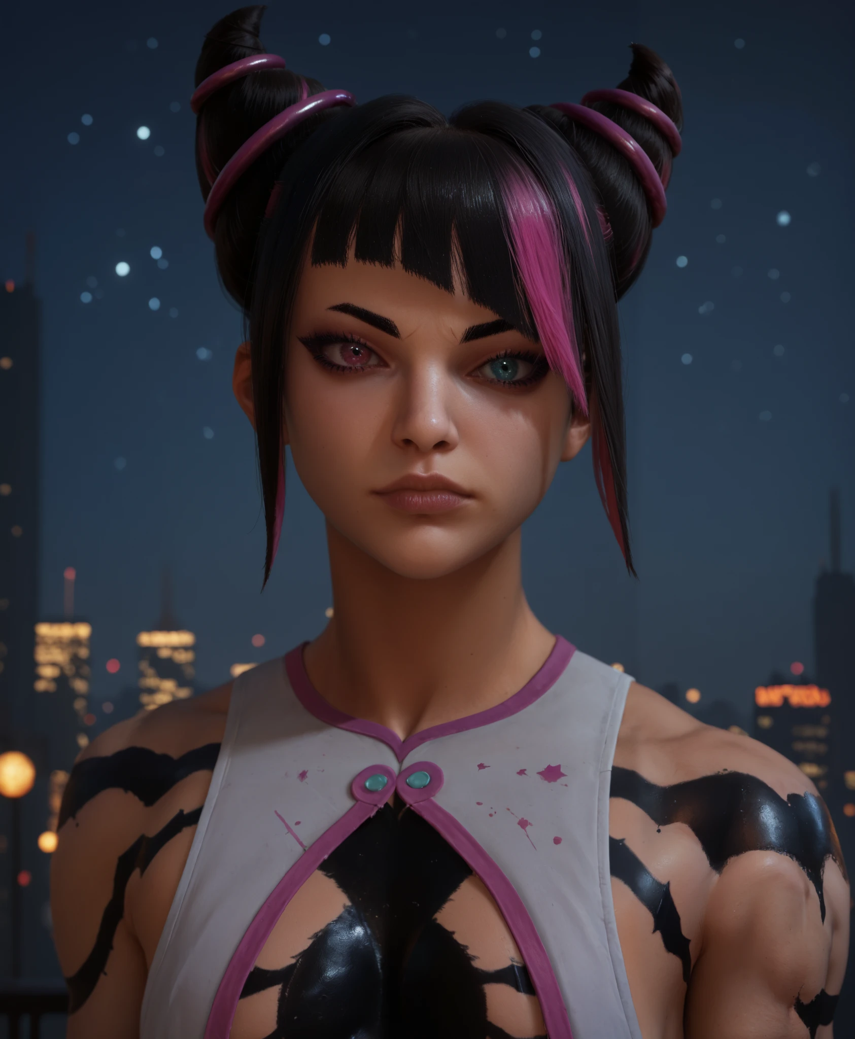 ((juriSDXLSF6)), ((juri han)), ((masterpiece)), ((face portrait)), ((cartoon style)), {(toned figure), (heterochromia), (thin eyebrows), (long eyelashes), (black hair with pink accents), (two toned hair), (smug smirk)}, {(black body paint on torso)} {(looking at viewer)}, ((night city)), ((skyscrapers)), ((nighttime)), ((starry sky))