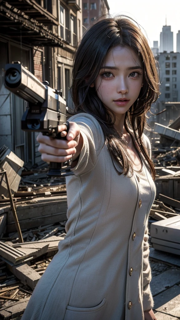 Highest quality, Realistic, (Photo Realistic:1.35), Award-winning photography, (Intricate details), (Subtle details), (Intricate details), (Cinematic Light), Sharp focus, 

(1girl), 

((gun aiming at viewer:1.40)), ((pointing a gun)), 
((On the roof of an abandoned building)), 
break 

(wearing coat), 
(Small Face Beauty), 
(Hair blowing in the wind), 
(Eyes chasing prey), 
beautiful face, 
An exceptionally beautiful face, 
Perfect Human Anatomy, 
Sweaty skin:1.35, Transparent soft white skin, 
break 

((battlefield)), (Destroyed rubble, collapsed buildings, gunfire, explosions, In the ruins of the zombie apocalypse),
(A ray of hope in a world devastated by despair), 

(cinematic lighting), 
light particles, 
shine, glint,
Expressing emotions:1.35, 
Have a rich imagination,
Professional Lighting, 
Professional photographer, 

(depth of field:1.30), 
