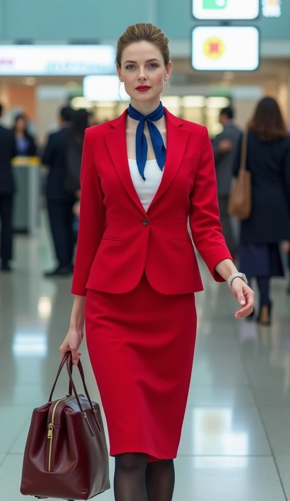 Photographic, Front view, standing pose,  looking at viewer,  female, 20-age, (light blonde hair, chignon , mole under , fringe, little smile, red stewardess small hat), (middle breasts, slender whist, middle hip) , new German Stewardess, (Scarlet Flight attendant jacket and white blouse, Scarlet long pencil skirt , blue scarf ,black stocking, black heals), 1 bag, lady's watch,  in Tokyo Haneda airport,( super detailed, High Details , High Quality , Accurate, anatomically correct , textured skin, beautiful fingers super detailed, High Details , High Quality , High Quality )