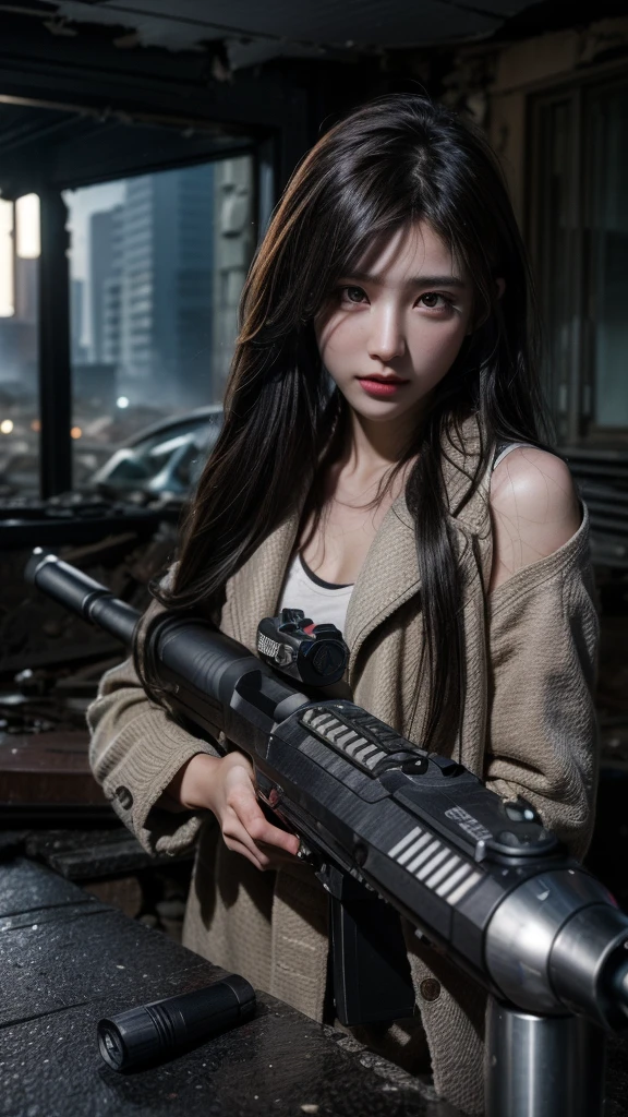 Highest quality, Realistic, (Photo Realistic:1.35), Award-winning photography, (Intricate details), (Subtle details), (Intricate details), (Cinematic Light), Sharp focus, 

(1girl), 

((gun aiming at viewer:1.40)), ((pointing a gun)), 
((On the roof of an abandoned building)), 
break 

(wearing coat), 
(Small Face Beauty), 
(Hair blowing in the wind), 
(Eyes chasing prey), 
beautiful face, 
An exceptionally beautiful face, 
Perfect Human Anatomy, 
Sweaty skin:1.35, Transparent soft white skin, 
break 

((battlefield)), (Destroyed rubble, collapsed buildings, gunfire, explosions, In the ruins of the zombie apocalypse),
(A ray of hope in a world devastated by despair), 

(cinematic lighting), 
light particles, 
shine, glint,
Expressing emotions:1.35, 
Have a rich imagination,
Professional Lighting, 
Professional photographer, 

(depth of field:1.30), 
