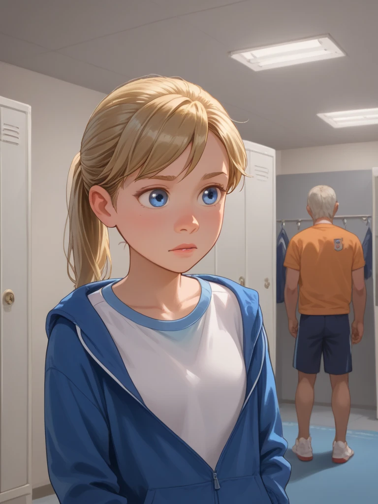 score_9,score_8,score_7, score_6,score_5,score_4,score_3_up, ((blonde ponytail hair)), blue eyes, school, changing room, undressing sports kit shyly, (((old male watching intensely)))