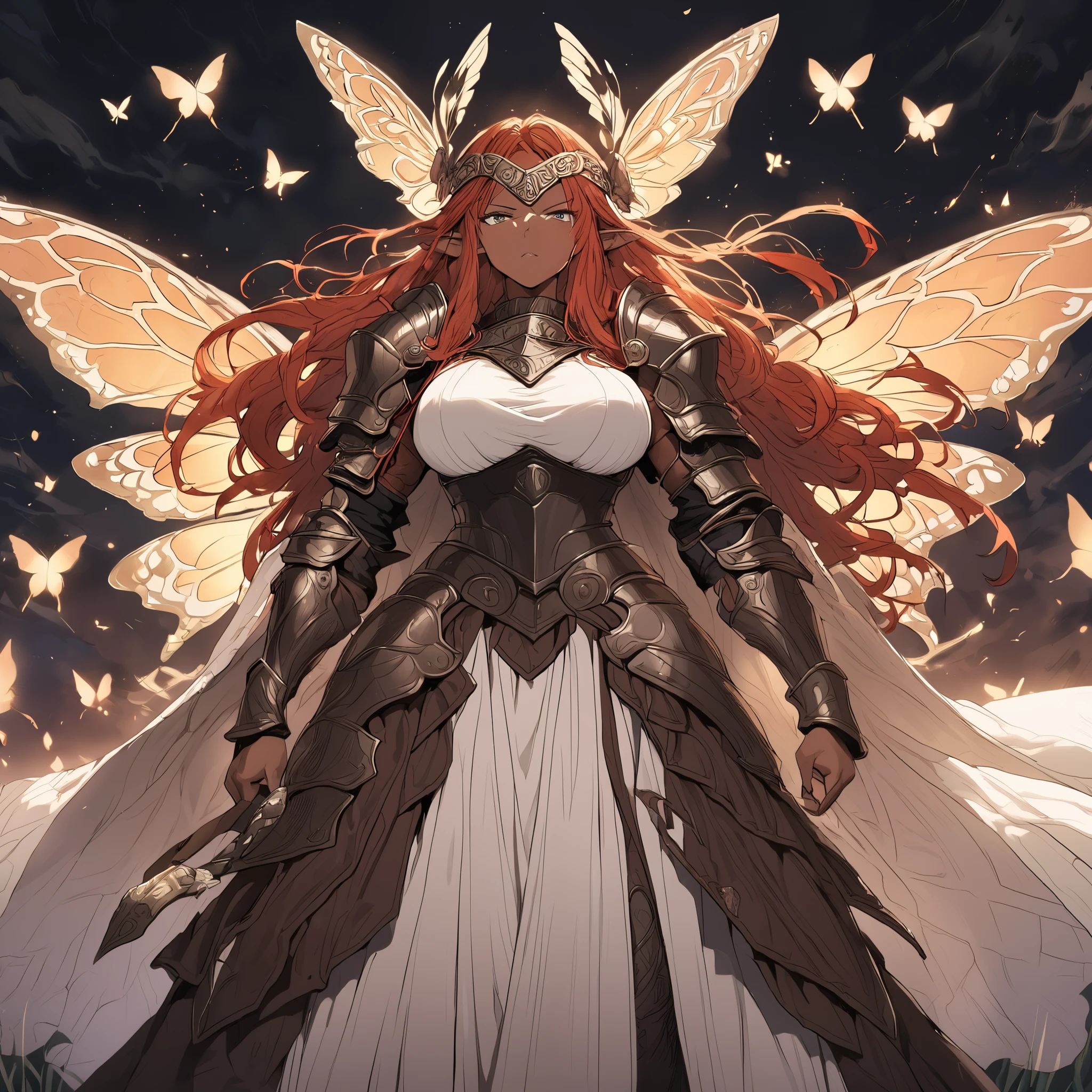 Anime, high detailed, 1 woman, mature woman, fairy woman, elf ears, extremely long spiked auburn hair, tanned skin, curvy body, big Breasts, celtic armor, celtic warrior armor, ornamented headband, skirt, narrowed eyes, serious, butterfly's wings, spreading her butterfly's wings, full body, standing 