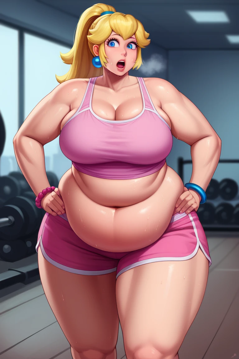 score_9, score_8_up, score_7_up, BREAK, 1girl, solo, princess peach, 1girl, solo, , blonde hair, ponytail, jewelry, bracelet, makeup, casual, cowboy shot, blue eyes, looking at the viewer, large breasts, hands on hips, pink tanktop, sweaty, pink shorts, sweating profusely, open mouth, exhausted, heavy breathing, puddle of sweat on the ground, steam coming out her mouth, gym, indoors, she wears pink shoes, thick, obese, soft belly, chubby, wide hips, sexy hips, half body, big belly, thicc thighs, chubby arms. 4k, HD
